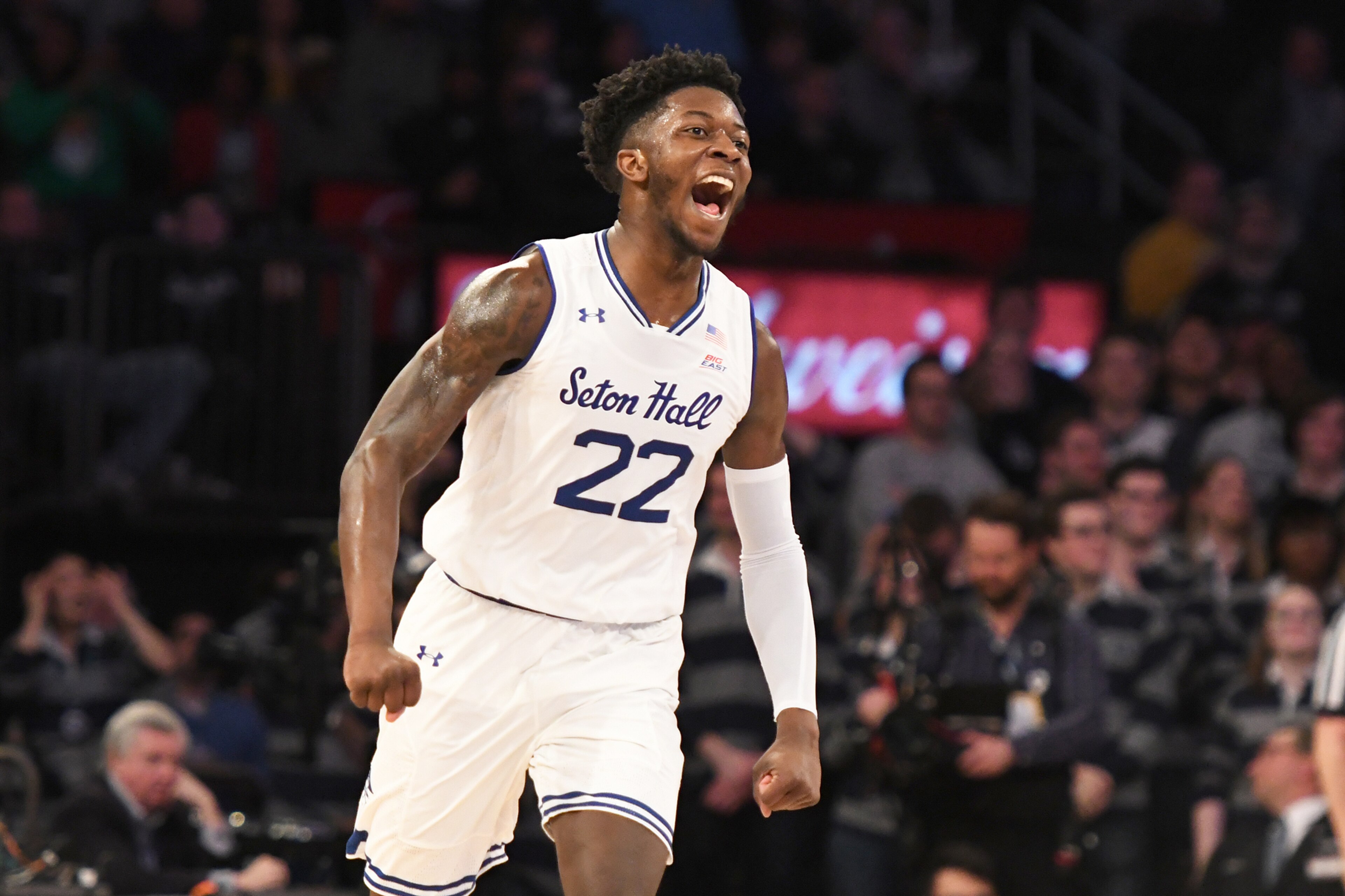 NEW YORK, NY - MARCH 14:  Myles Cale #22 of the Seton Hall Pirates celebrates a shot during the Big East Conference basketball Quarterfinal game against the Georgetown Hoyas at Madison Square Garden March 14, 2019 in New York City.  (Photo by Mitchell Lay