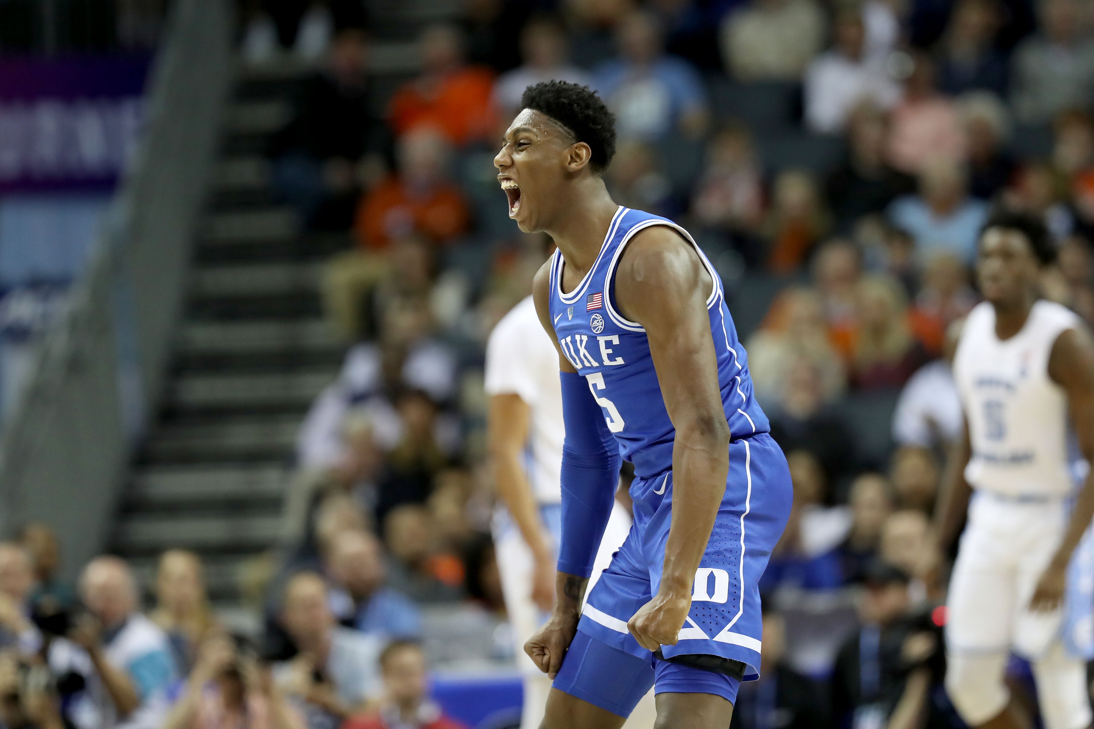CHARLOTTE, NORTH CAROLINA - MARCH 15: RJ Barrett #5 of the Duke Blue Devils reacts against the North Carolina Tar Heels during their game in the semifinals of the 2019 Men's ACC Basketball Tournament at Spectrum Center on March 15, 2019 in Charlotte, Nort