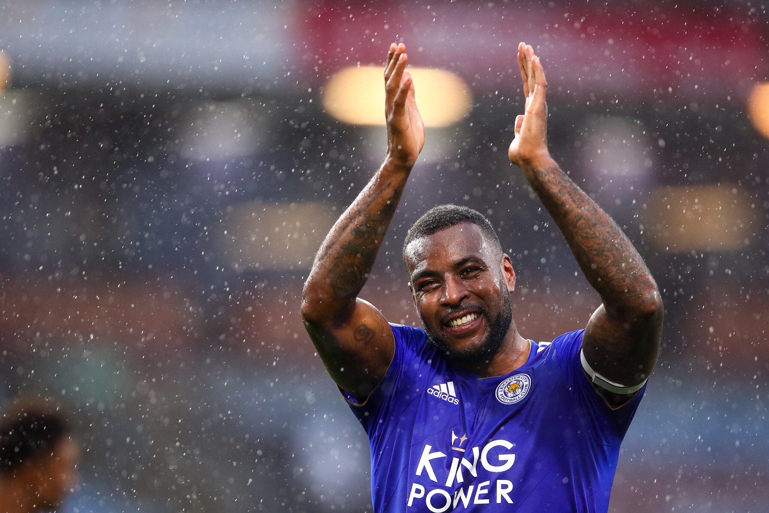 BURNLEY, ENGLAND - MARCH 16: Wes Morgan of Leicester City applauds the fans at full time during the Premier League match between Burnley FC and Leicester City at Turf Moor on March 16, 2019 in Burnley, United Kingdom. (Photo by Robbie Jay Barratt - AMA/Ge