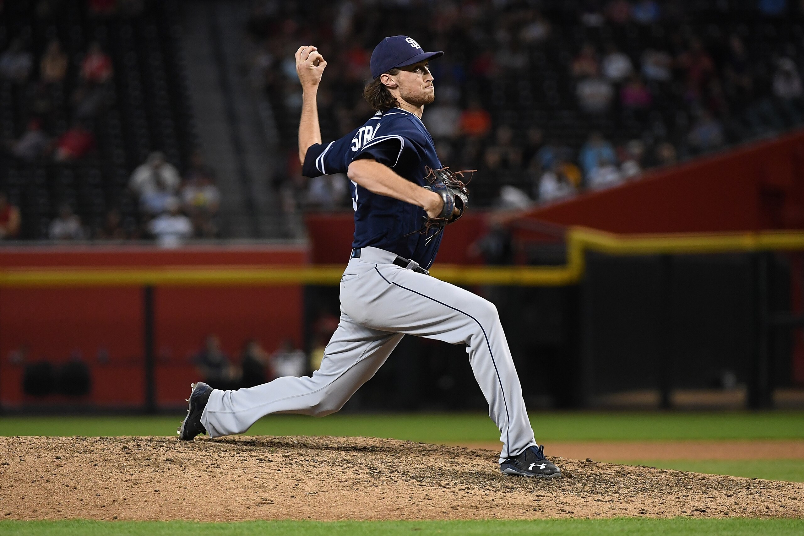 PHOENIX, AZ - JULY 08:  Matt Strahm #55 of the San Diego Padres delivers a pitch against the Arizona Diamondbacks at Chase Field on July 8, 2018 in Phoenix, Arizona.  (Photo by Norm Hall/Getty Images)