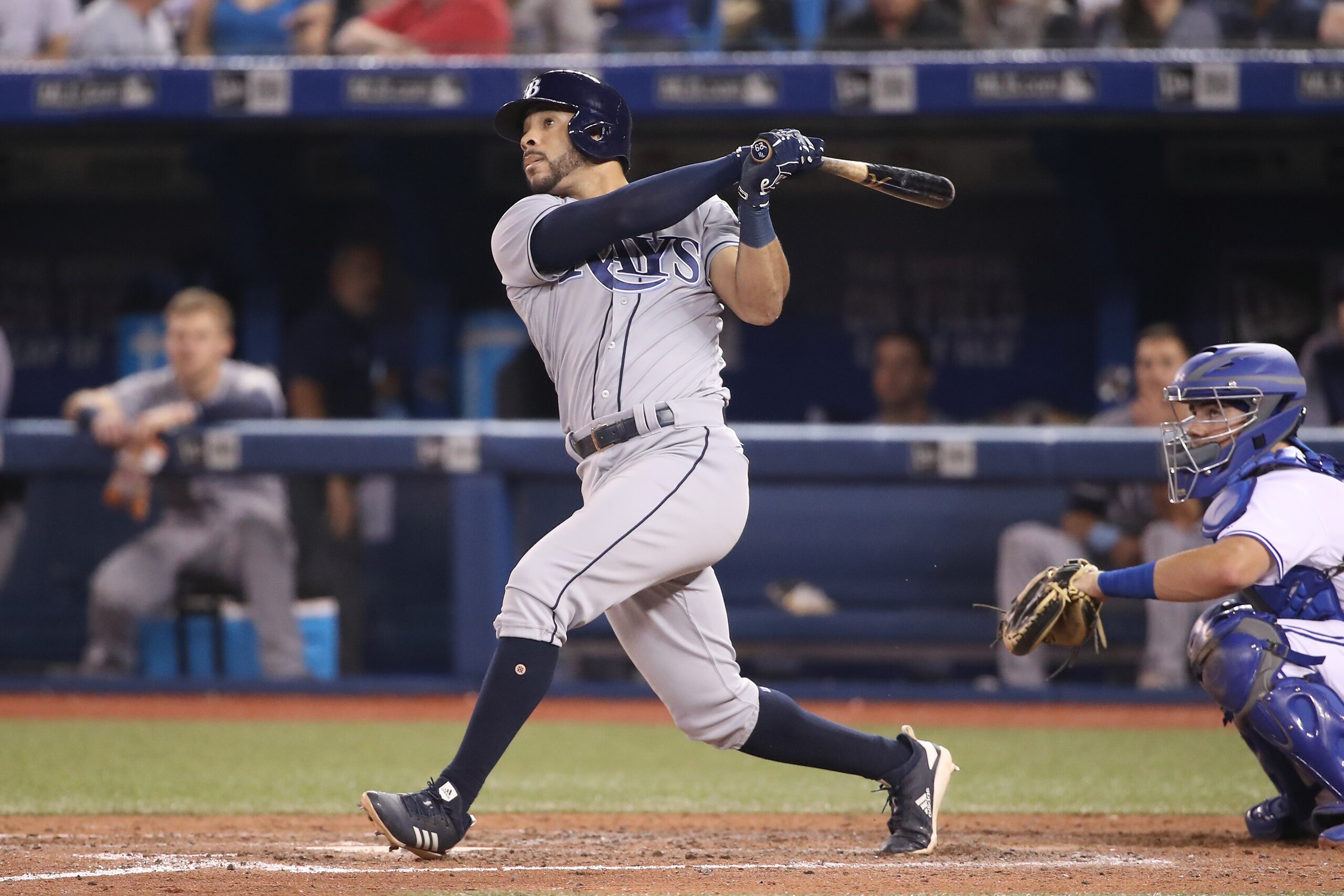 TORONTO, ON - SEPTEMBER 21: Tommy Pham #29 of the Tampa Bay Rays hits an RBI sacrifice fly in the sixth inning during MLB game action against the Toronto Blue Jays at Rogers Centre on September 21, 2018 in Toronto, Canada. (Photo by Tom Szczerbowski/Getty