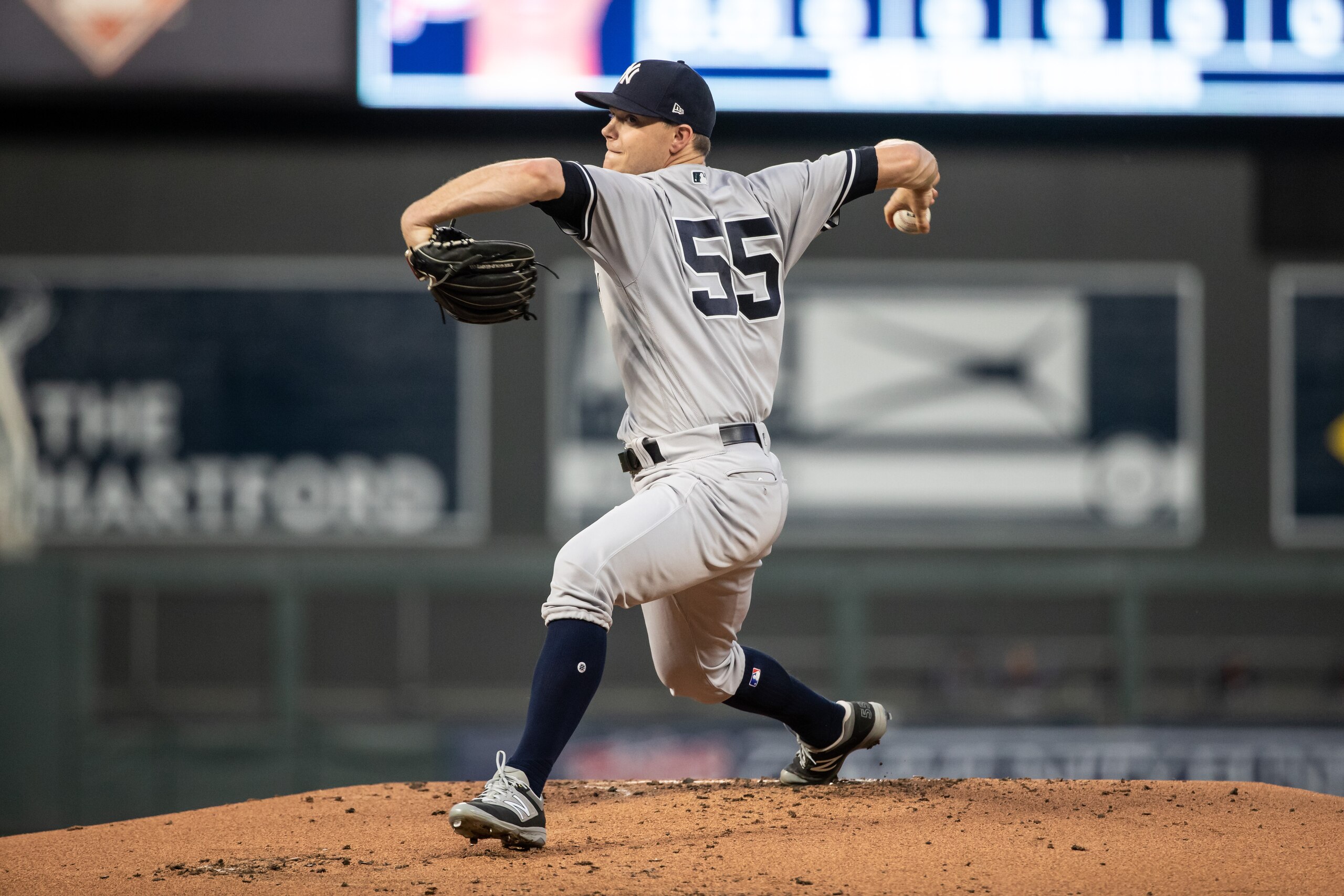 MINNEAPOLIS, MN-SEPTEMBER 11: Sonny Gray #55 of the New York Yankees pitches against the Minnesota Twins on September 11, 2018 at Target Field in Minneapolis, Minnesota. The Twins defeated the Yankees 10-5. (Photo by Brace Hemmelgarn/Minnesota Twins/Getty