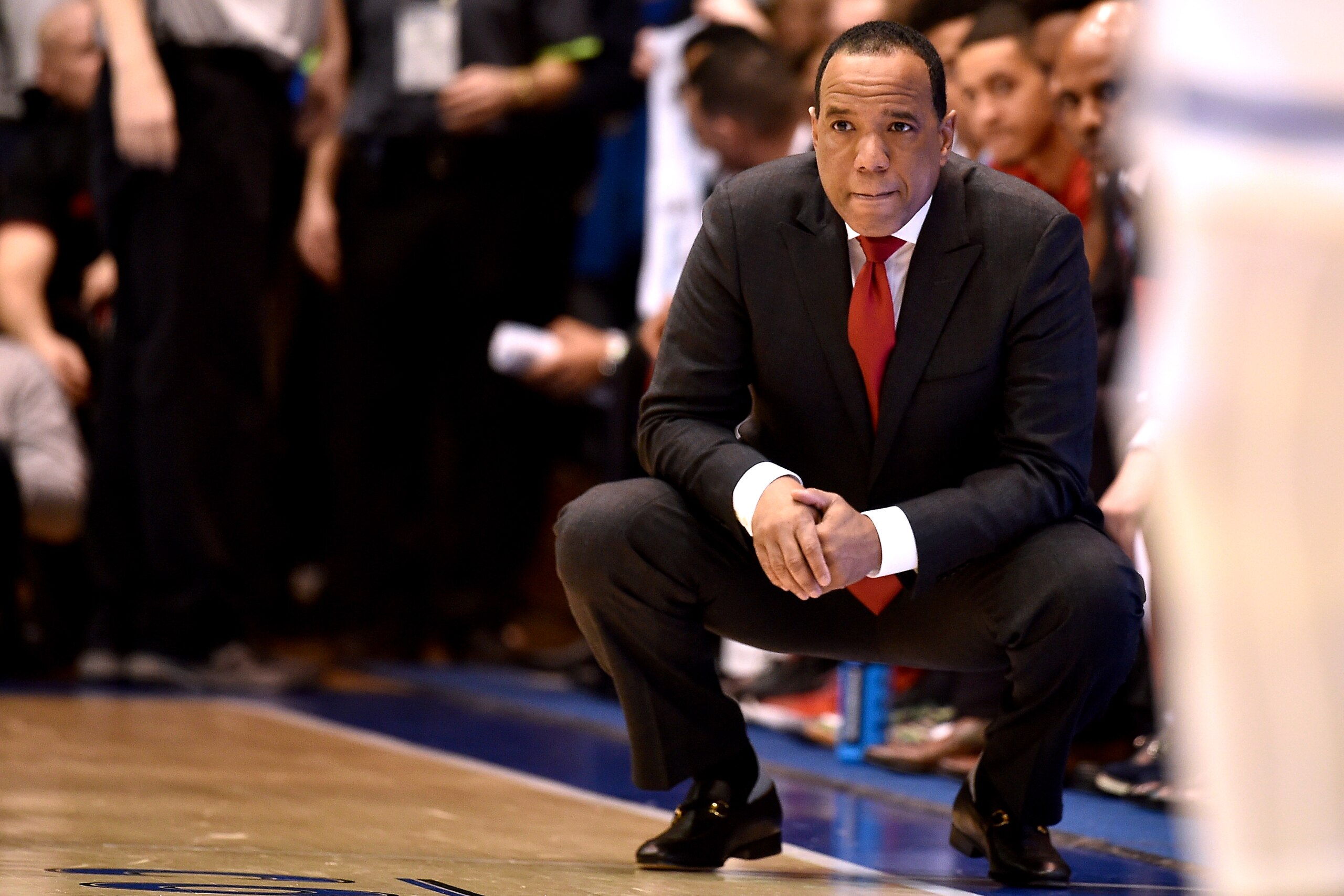 DURHAM, NC - FEBRUARY 16: Head coach Kevin Keatts of the North Carolina State Wolfpack looks on against the Duke Blue Devils in the first half at Cameron Indoor Stadium on February 16, 2019 in Durham, North Carolina. (Photo by Lance King/Getty Images)