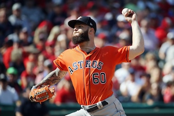 CLEVELAND, OH - OCTOBER 08:  Dallas Keuchel #60 of the Houston Astros pitches in the first inning against the Cleveland Indians during Game Three of the American League Division Series at Progressive Field on October 8, 2018 in Cleveland, Ohio.  (Photo by