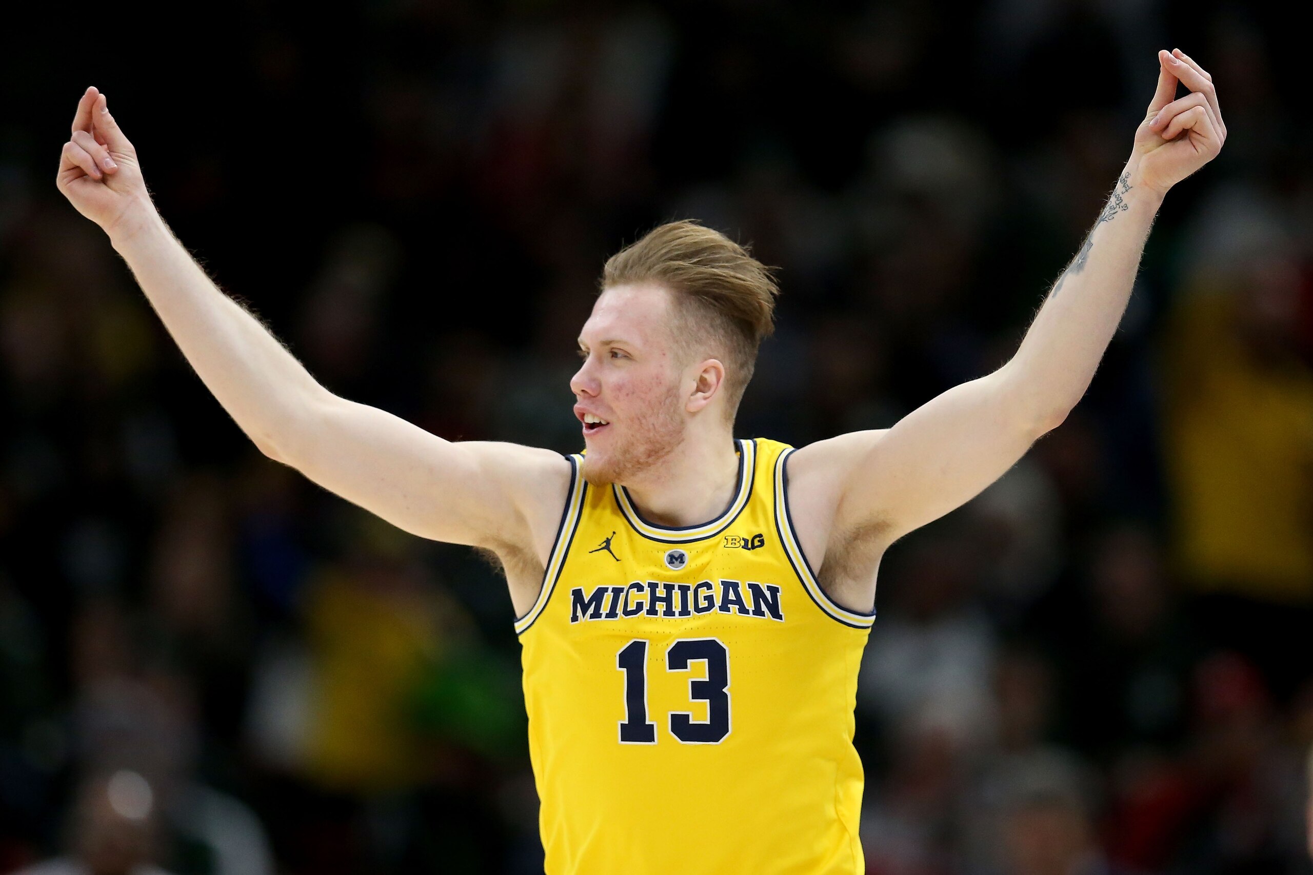 CHICAGO, ILLINOIS - MARCH 17:  Ignas Brazdeikis #13 of the Michigan Wolverines reacts in the first half against the Michigan State Spartans during the championship game of the Big Ten Basketball Tournament at the United Center on March 17, 2019 in Chicago