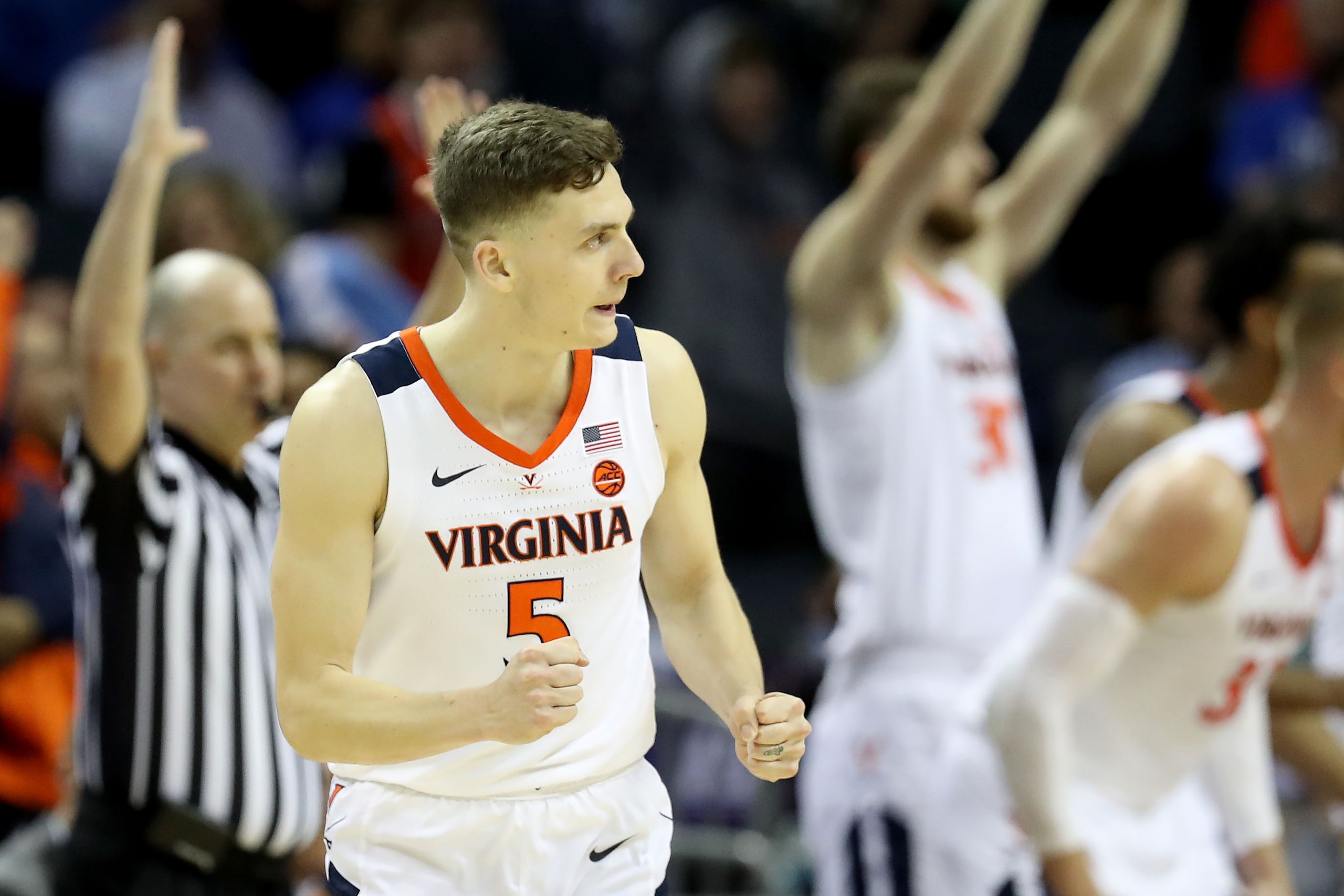 CHARLOTTE, NORTH CAROLINA - MARCH 15: Kyle Guy #5 of the Virginia Cavaliers reacts after a play against the Florida State Seminoles during their game in the semifinals of the 2019 Men's ACC Basketball Tournament at Spectrum Center on March 15, 2019 in Cha