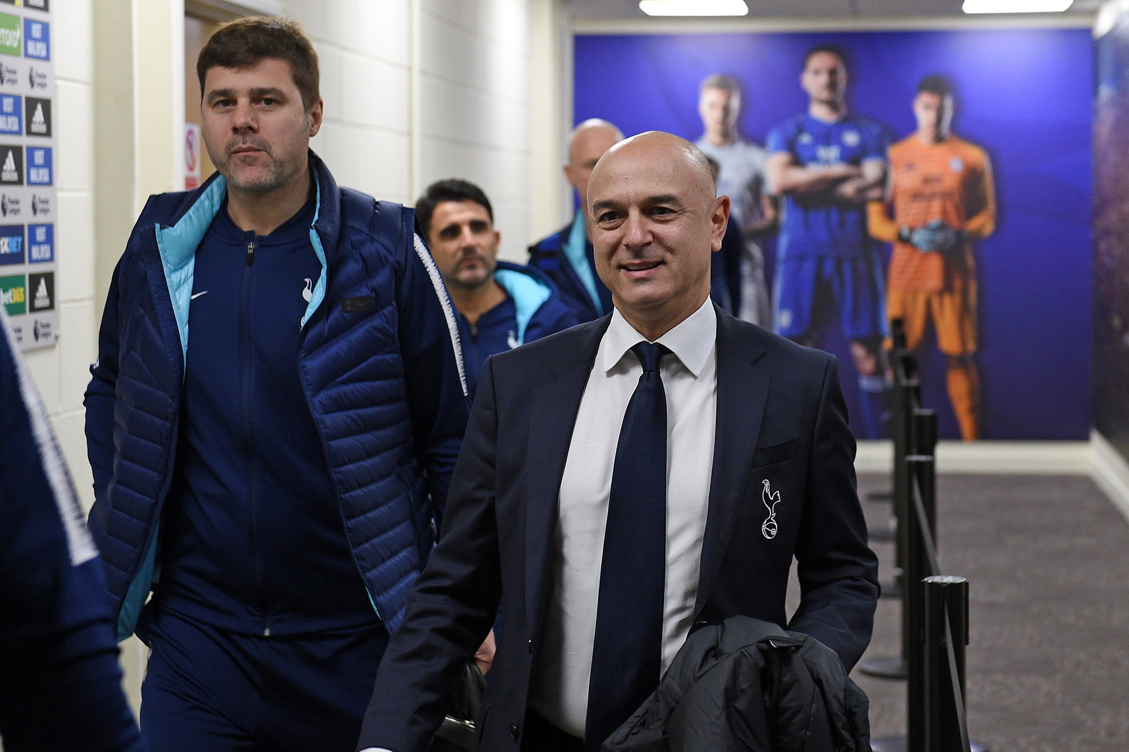 CARDIFF, WALES - JANUARY 01: Tottenham chairman Daniel Levy (r) and manager Mauricio Pochettino (l) arrive at The Cardiff City Stadium before the Premier League match between Cardiff City and Tottenham Hotspur at Cardiff City Stadium on January 1, 2019 in