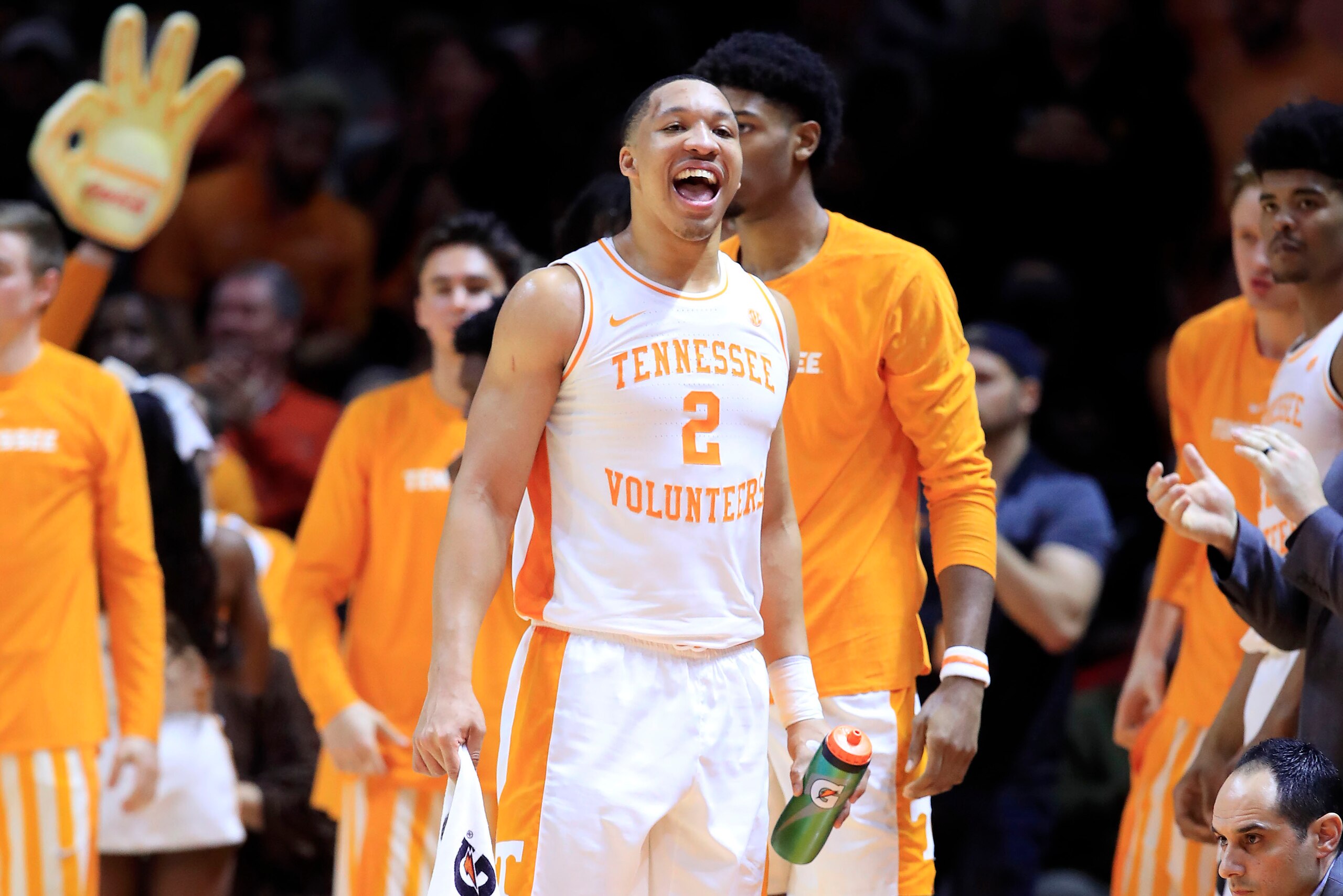 KNOXVILLE, TENNESSEE - MARCH 02:   Grant Williams #2 of the Tennessee Volunteers celebrates in the game against the Kentucky Wildcats at Thompson-Boling Arena on March 02, 2019 in Knoxville, Tennessee. (Photo by Andy Lyons/Getty Images)