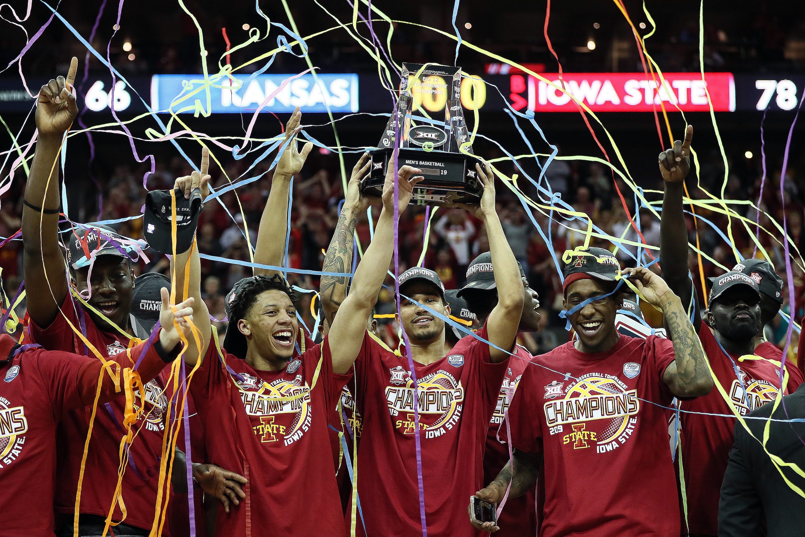KANSAS CITY, MISSOURI - MARCH 16:  The Iowa State Cyclones celebrate with the trophy after defeating the Kansas Jayhawks 78-66 to win the Big 12 Basketball Tournament Finals at Sprint Center on March 16, 2019 in Kansas City, Missouri. (Photo by Jamie Squi