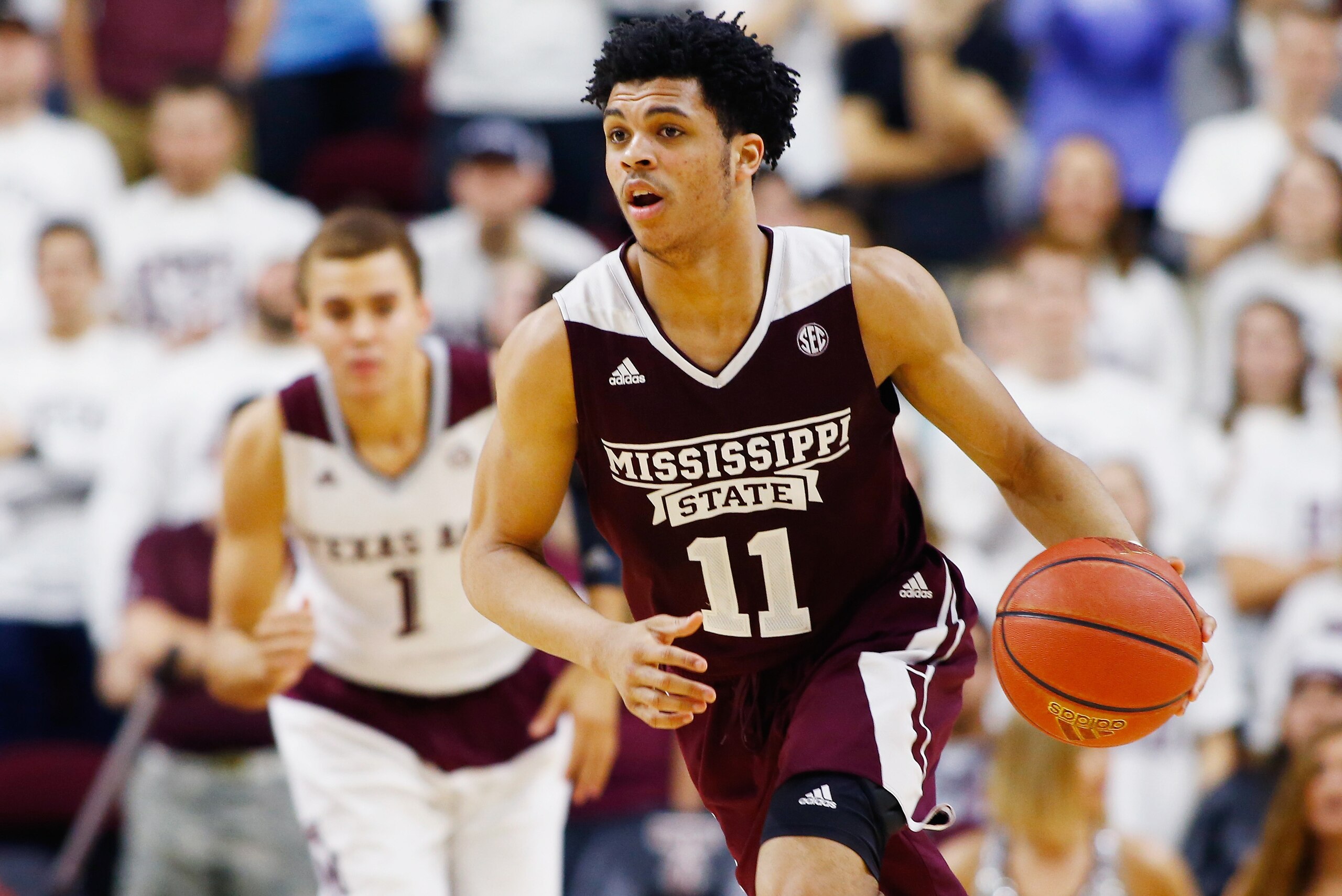 COLLEGE STATION, TX - FEBRUARY 24:  Quinndary Weatherspoon #11 of the Mississippi State Bulldogs drives with the basketball during their game against the Texas A&M Aggies at Reed Arena on February 24, 2016 in College Station, Texas.  (Photo by Scott Halle