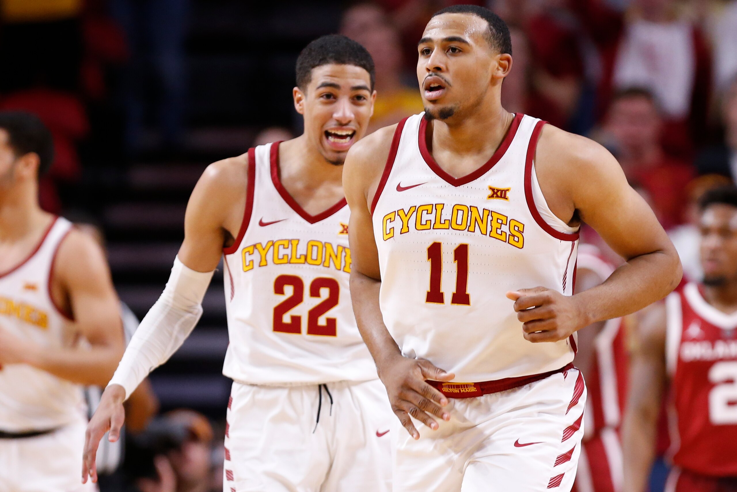 AMES, IA - FEBRUARY 25: Tyrese Haliburton #22 of the Iowa State Cyclones and Talen Horton-Tucker #11 of the Iowa State Cyclones run down in the second half of play at Hilton Coliseum on February 25, 2019 in Ames, Iowa. The Iowa State Cyclones won 78-61 ov
