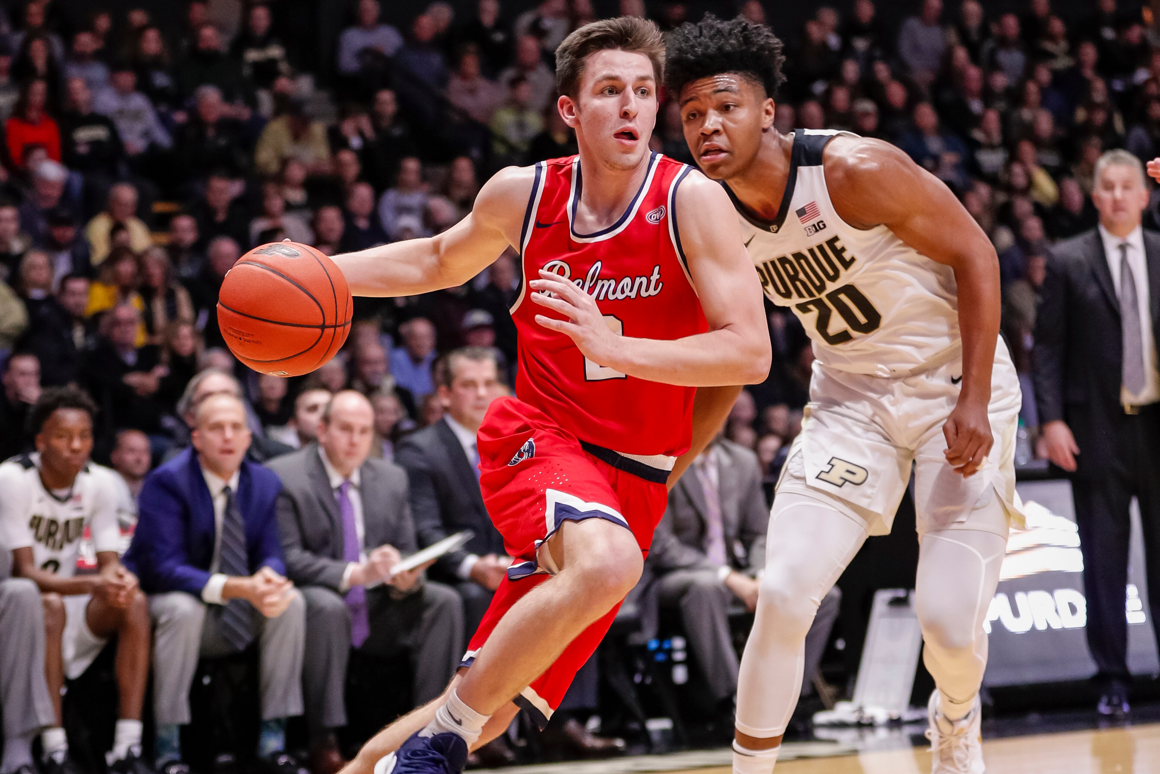 WEST LAFAYETTE, IN - DECEMBER 29: Grayson Murphy #2 of the Belmont Bruins drives to the basket around Nojel Eastern #20 of the Purdue Boilermakers at Mackey Arena on December 29, 2018 in West Lafayette, Indiana. (Photo by Michael Hickey/Getty Images) WEST LAFAYETTE, IN - DECEMBER 29: Grayson Murphy #2 of the Belmont Bruins drives to the basket around Nojel Eastern #20 of the Purdue Boilermakers at Mackey Arena on December 29, 2018 in West Lafayette, Indiana. (Photo by Michael Hickey/Getty Images)