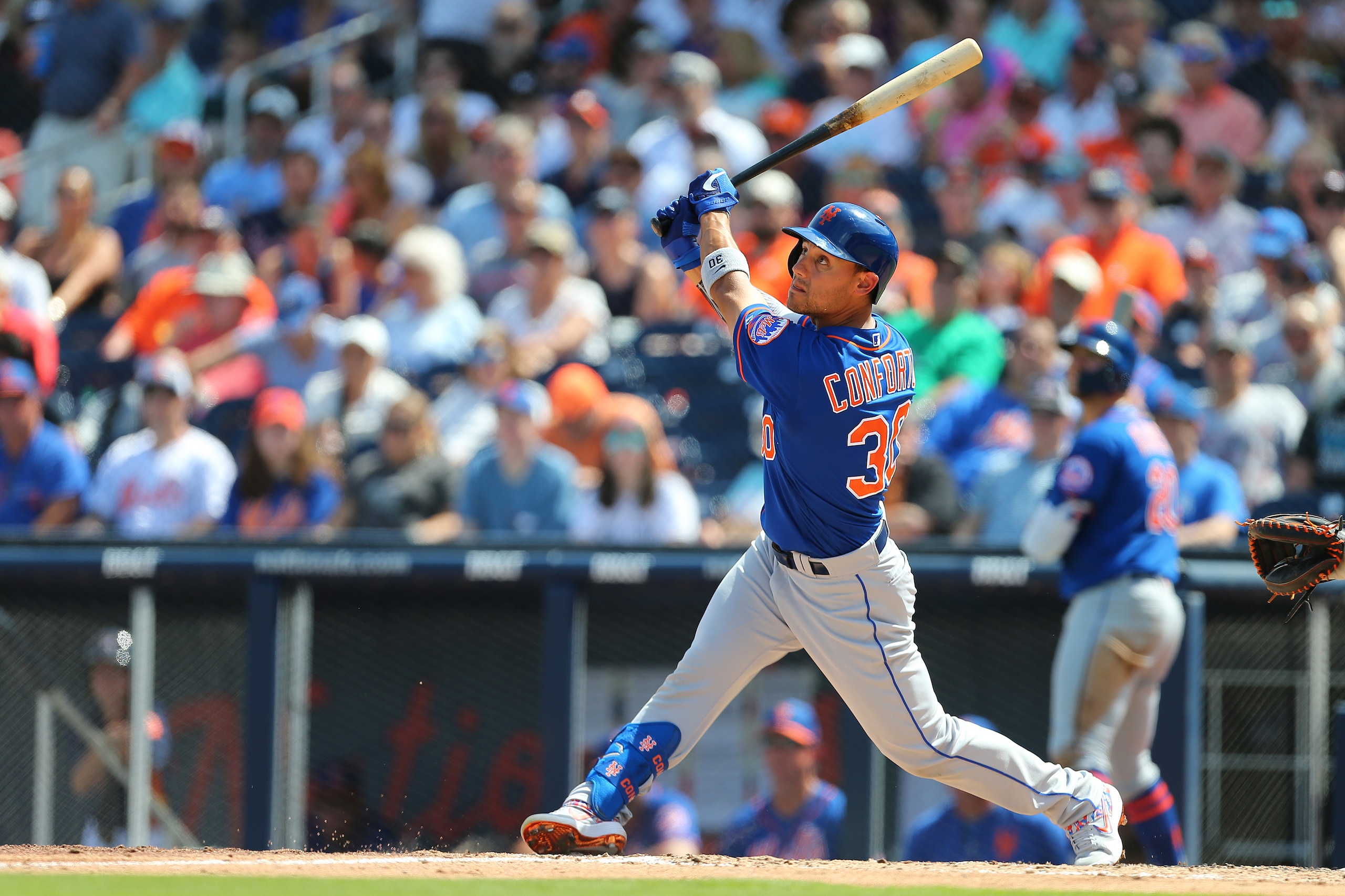 WEST PALM BEACH, FL - MARCH 11: Michael Conforto #30 of the New York Mets during a spring training baseball game against the Houston Astros at Fitteam Ballpark of the Palm Beaches on March 11, 2019 in West Palm Beach, Florida. The Astros defeated the Mets