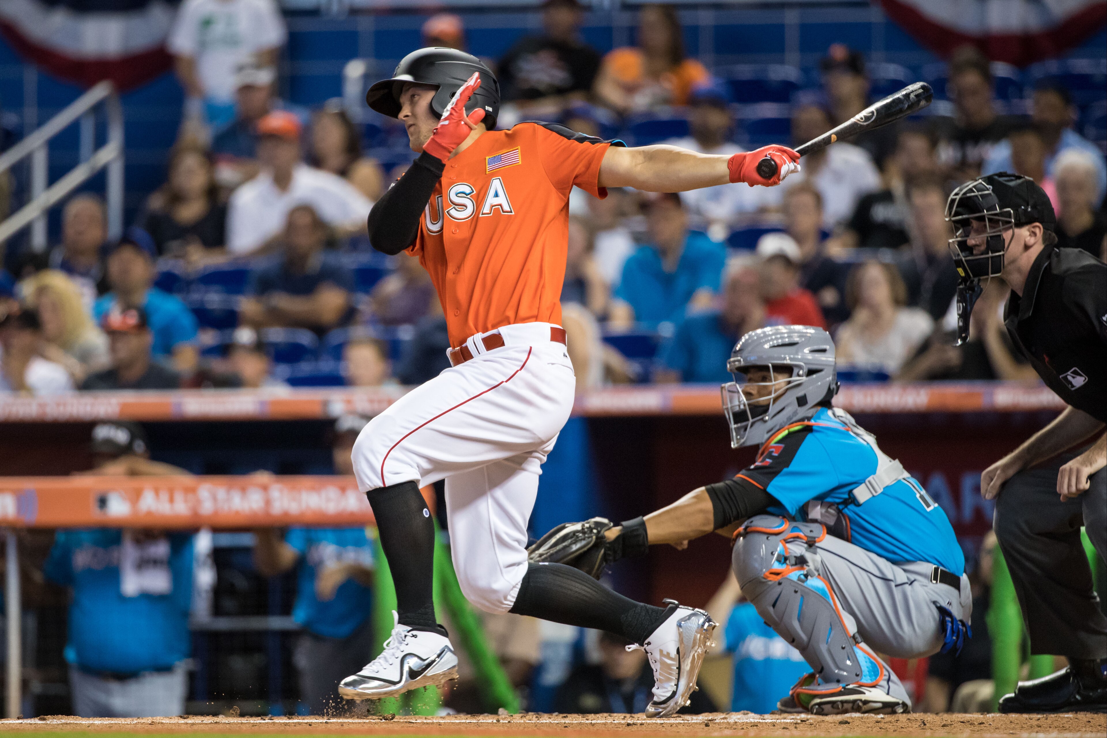 MIAMI, FL - JULY 9: Nick Senzel #13 of the U.S. Team and Cincinnati Reds bats during the SiriusXM All-Star Futures Game at Marlins Park on July 9, 2017 in Miami, Florida. (Photo by Brace Hemmelgarn/Minnesota Twins/Getty Images)