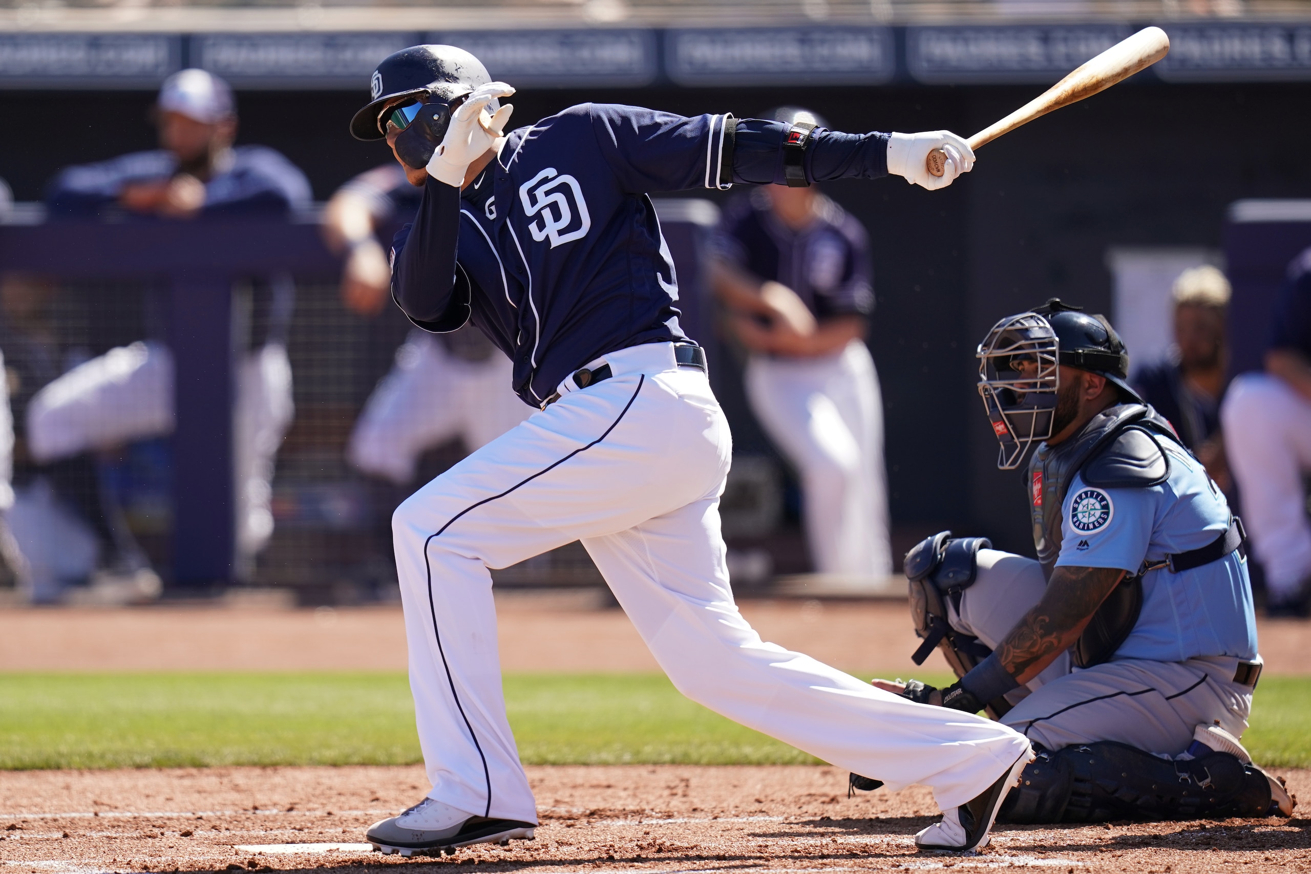 PEORIA, AZ - MARCH 05:  Manny Machado #8 of the San Diego Padres bats during the spring training game against the Seattle Mariners on March 5, 2019 in Peoria, Arizona.  (Photo by Masterpress/Getty Images)