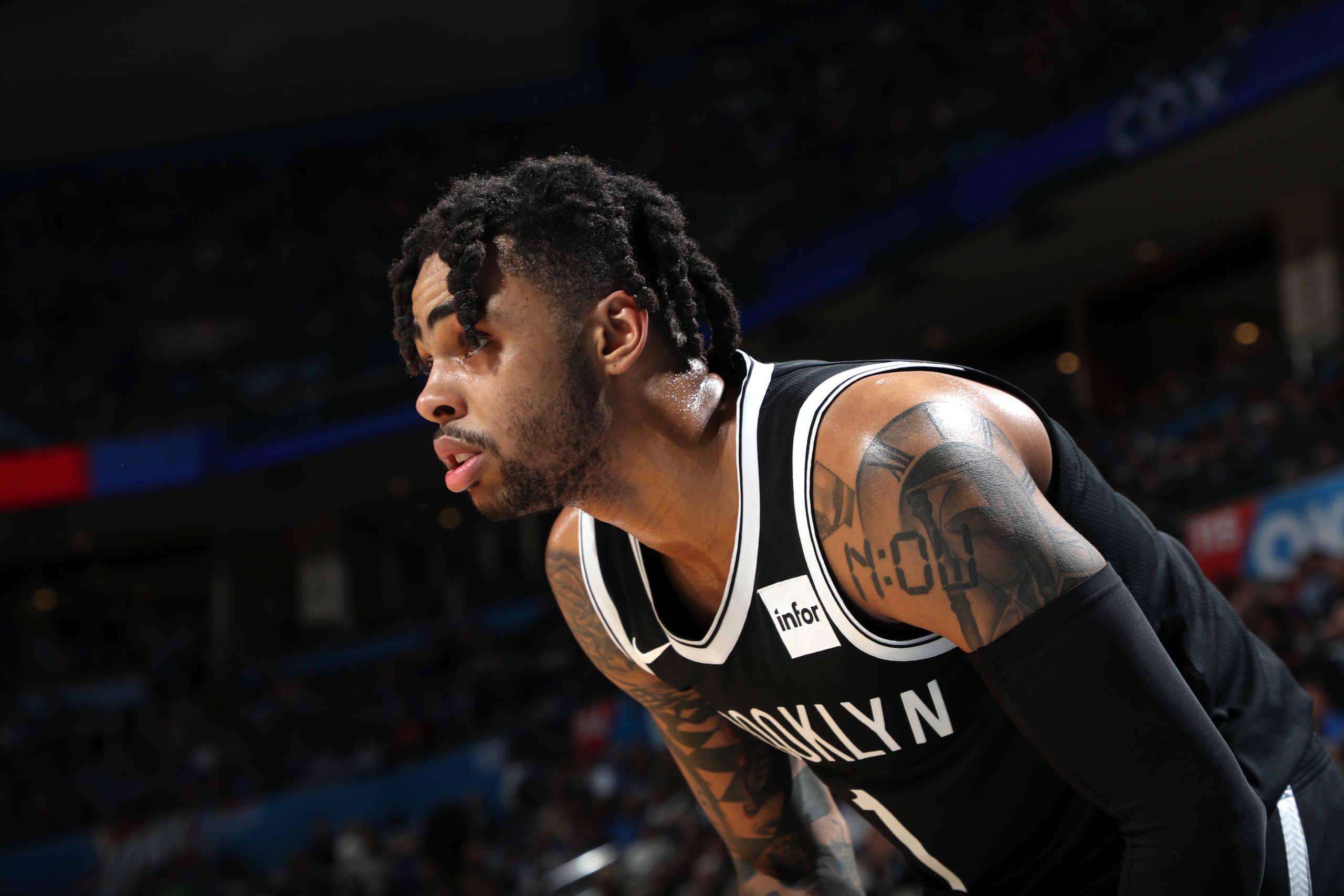 OKLAHOMA CITY, OK- MARCH 13:  D'Angelo Russell #1 of the Brooklyn Nets looks on against the Oklahoma City Thunder on March 13, 2019 at Chesapeake Energy Arena in Oklahoma City, Oklahoma. NOTE TO USER: User expressly acknowledges and agrees that, by downlo
