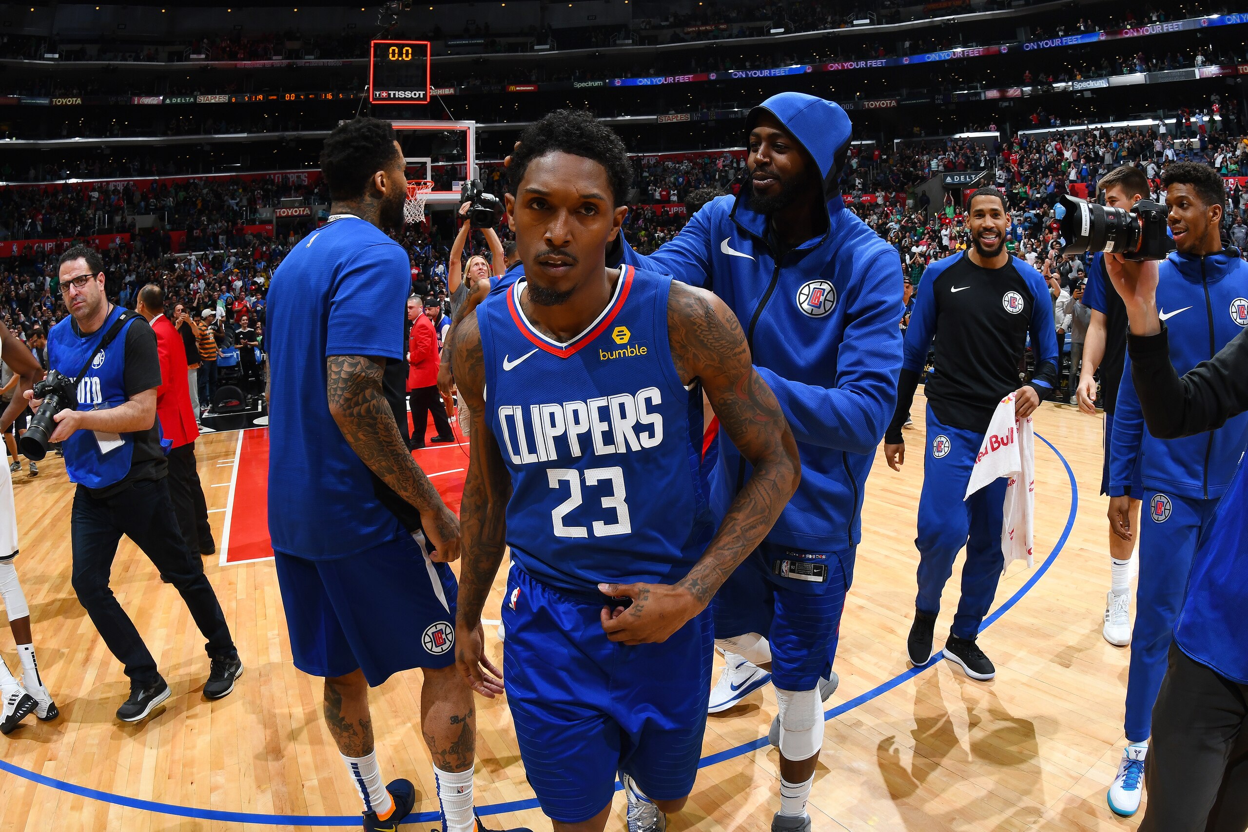 LOS ANGELES, CA - MARCH 17: Lou Williams #23 of the LA Clippers celebrates with his team after scoring a game-winner against the Brooklyn Nets on March 17, 2019 at STAPLES Center in Los Angeles, California. NOTE TO USER: User expressly acknowledges and ag