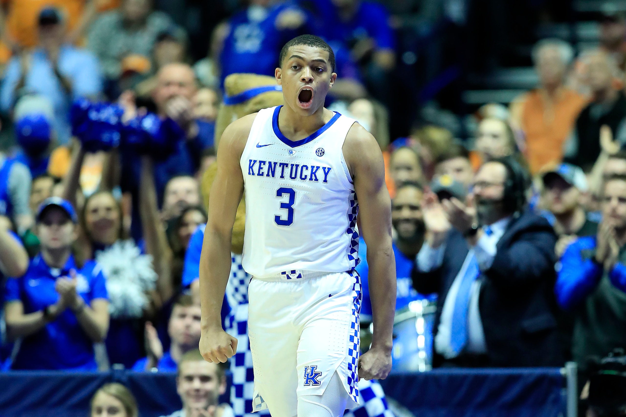 NASHVILLE, TENNESSEE - MARCH 16:   Keldon Johnson #3 of the Kentucky Wildcats celebrates against the Tennessee Volunteers during the semifinals of the SEC Basketball Tournament at Bridgestone Arena on March 16, 2019 in Nashville, Tennessee. (Photo by Andy