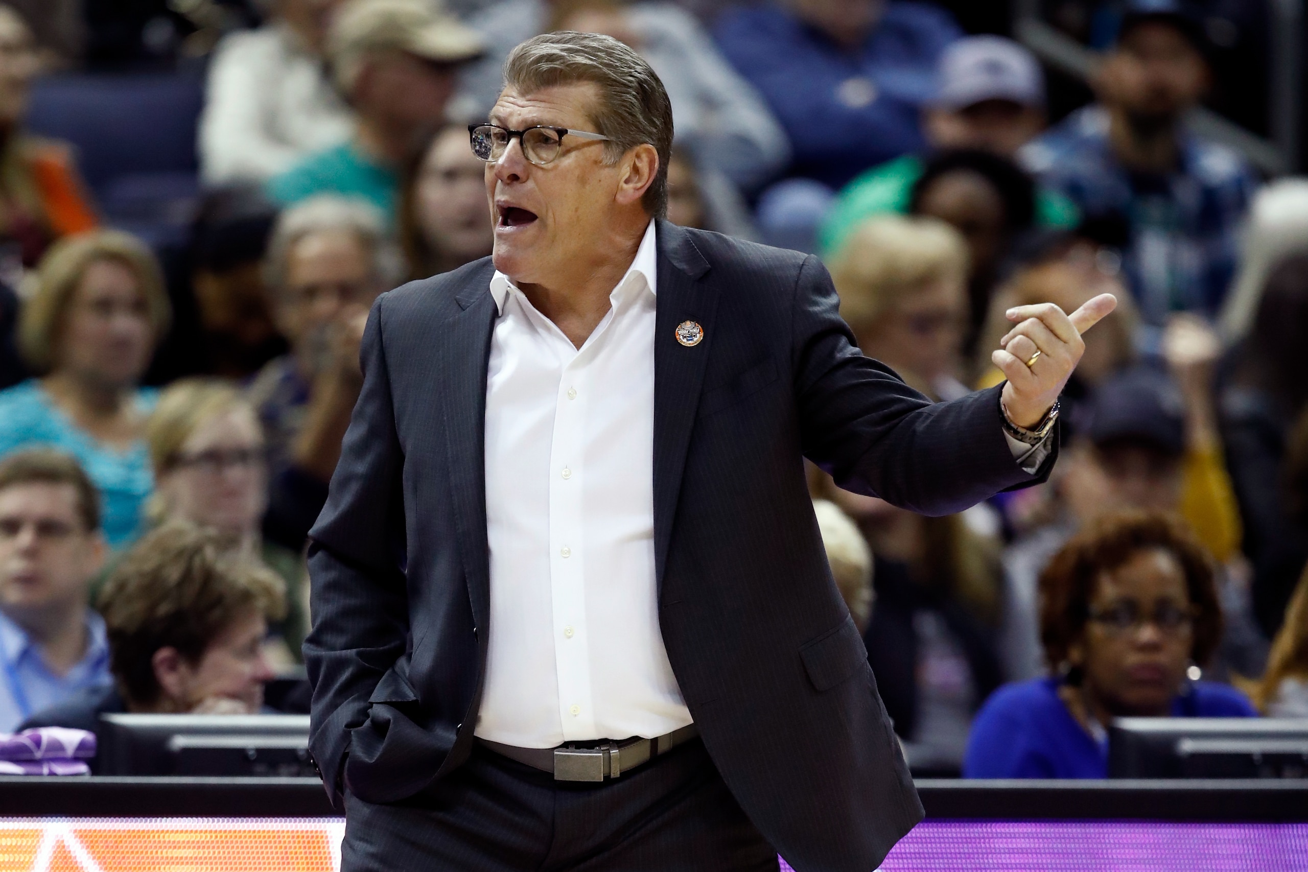 COLUMBUS, OH - MARCH 30:  Head coach Geno Auriemma of the Connecticut Huskies reacts against the Notre Dame Fighting Irish during the second half in the semifinals of the 2018 NCAA Women's Final Four at Nationwide Arena on March 30, 2018 in Columbus, Ohio