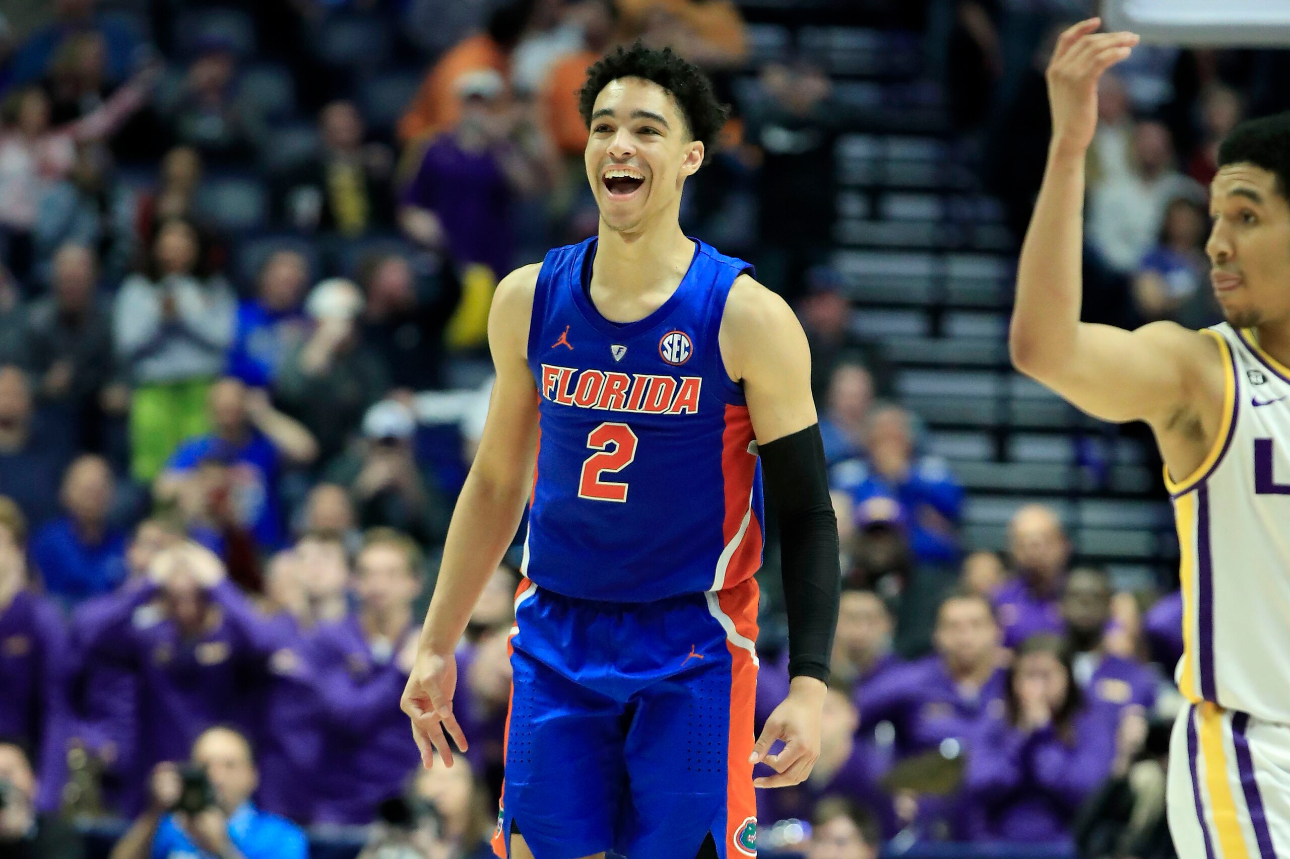 NASHVILLE, TENNESSEE - MARCH 15:  Andrew Nembhard #2 of the Florida Gators celebrates in the game against the LSU Tigers during the Quarterfinals of the SEC Basketball Tournament at Bridgestone Arena on March 15, 2019 in Nashville, Tennessee. (Photo by An