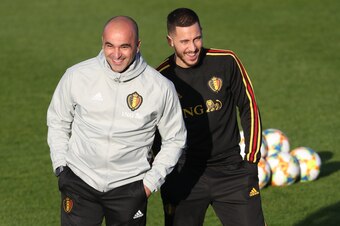 Belgium's head coach Roberto Martinez and Belgium's captain Eden Hazard pictured during a training of Belgian national soccer team Red Devils, Monday 18 March 2019 in Tubize. The team is preparing two European Cup 2020 qualification games against Russia i