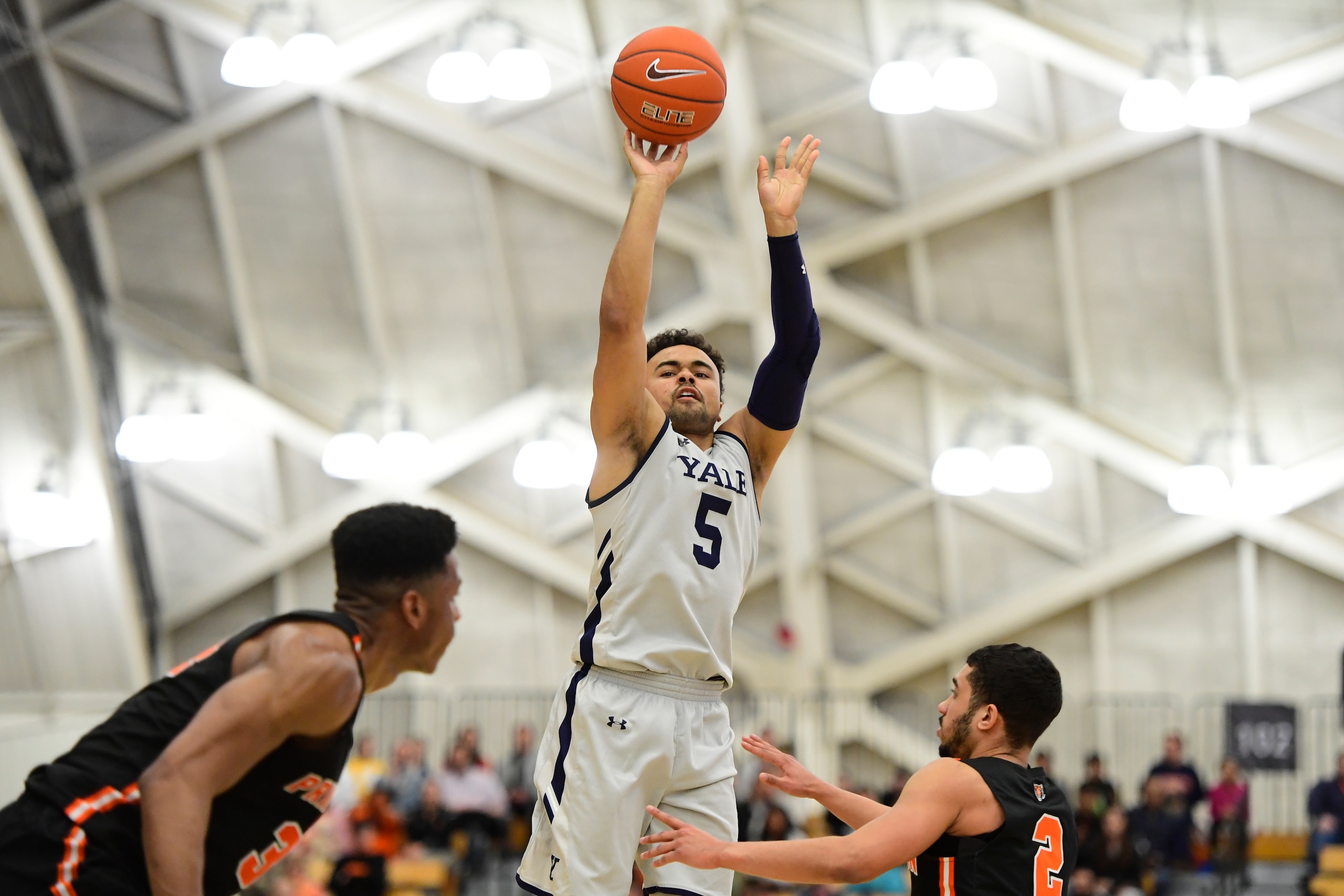 PRINCETON, NJ - MARCH 09: Azar Swain #5 of the Yale Bulldogs shoots the ball against the Princeton Tigers during the second half at L. Stockwell Jadwin Gymnasium on March 9, 2019 in Princeton, New Jersey. Yale won 81-59. (Photo by Corey Perrine/Getty Imag