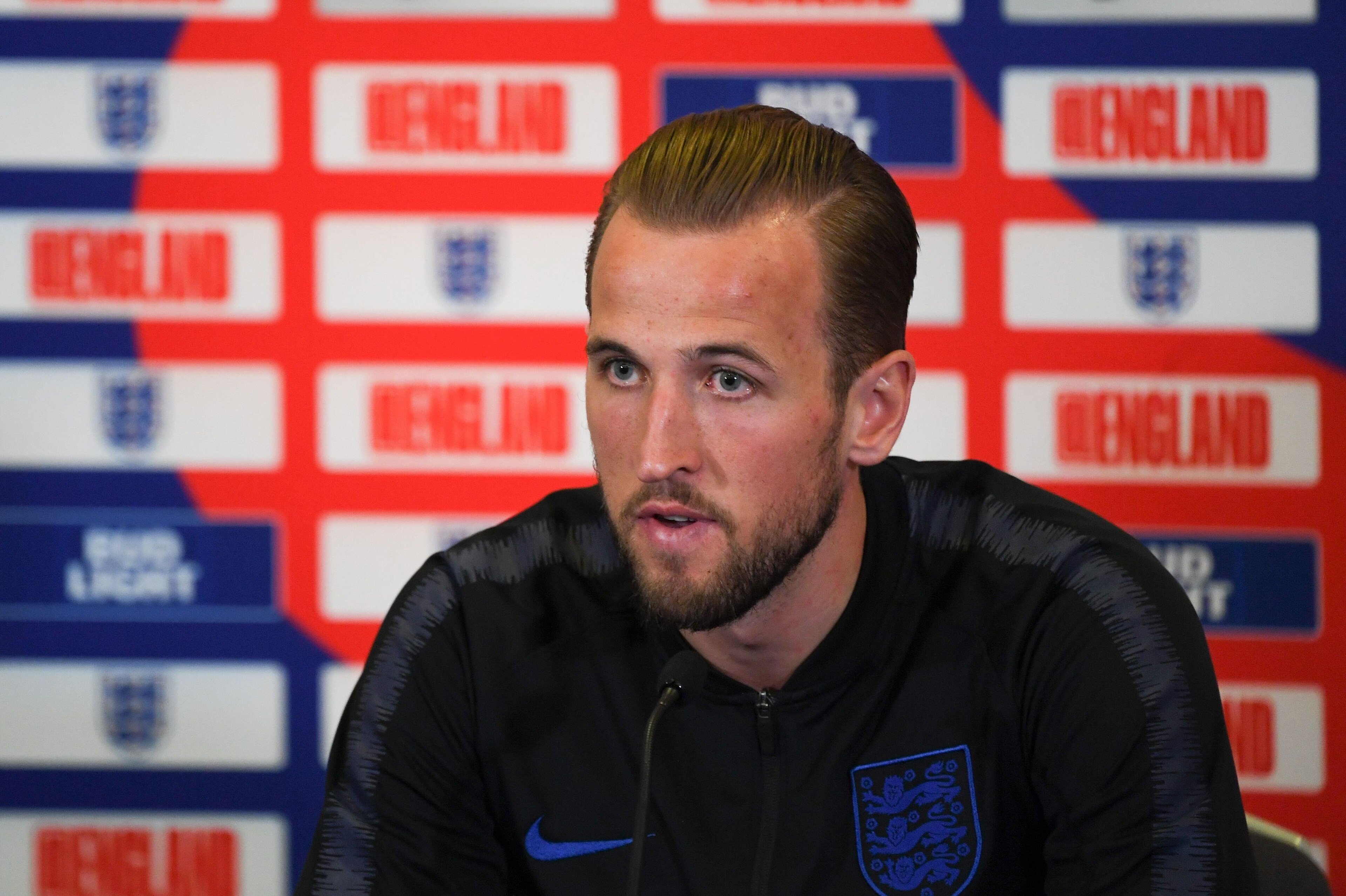 England's striker Harry Kane speaks during a press conference at St George's Park in Burton-on-Trent, central England on March 19, 2019, ahead of their UEFA EURO 2020 qualifying football matches against the Czech Republic and Montenegro. (Photo by Paul EL