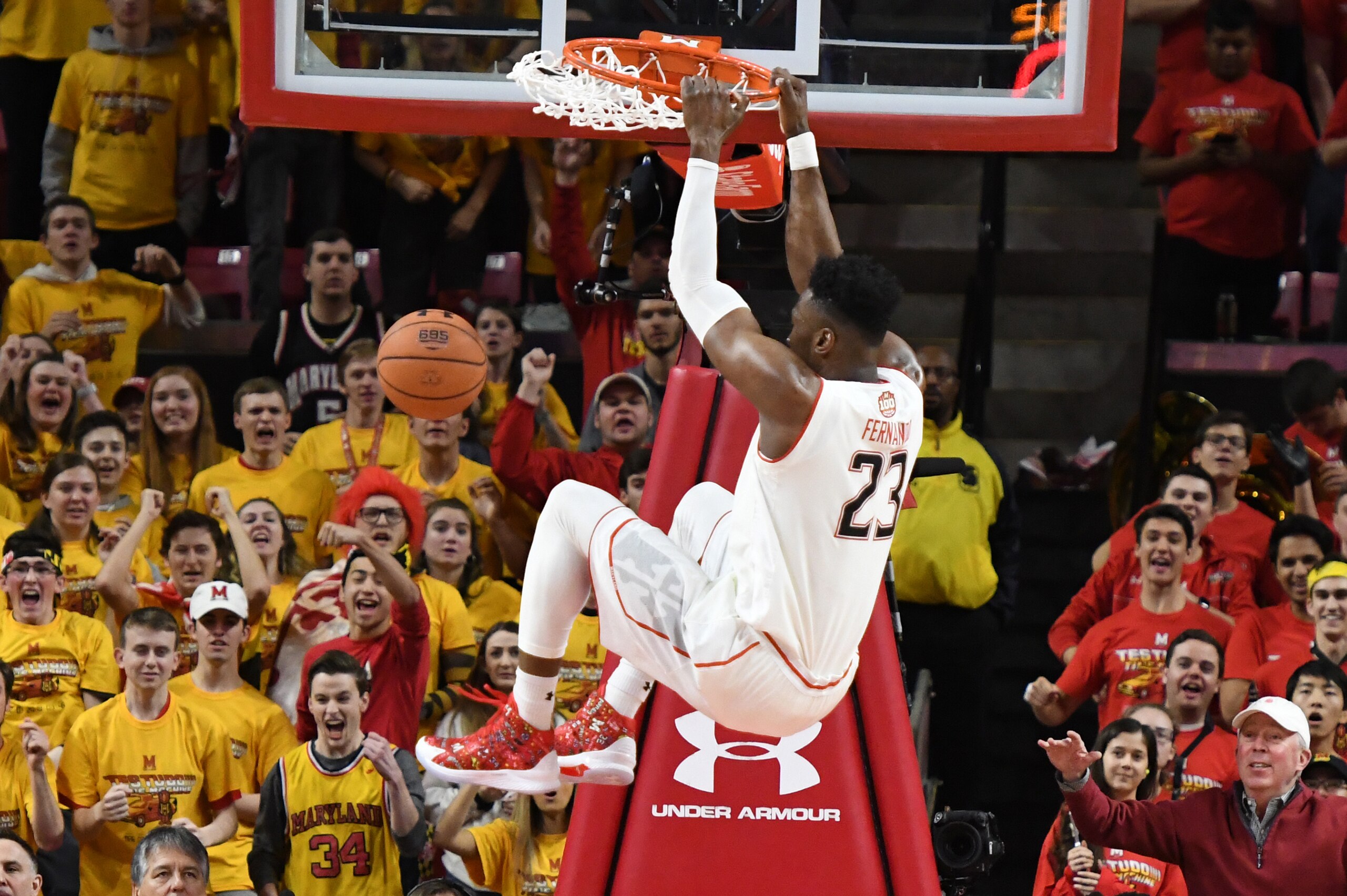 COLLEGE PARK, MD - MARCH 03:  Bruno Fernando #23 of the Maryland Terrapins dunks the ball in first half during a college basketball game against the Michigan Wolverines at the XFinity Center on March 3, 2019 in College Park, Maryland.  (Photo by Mitchell 