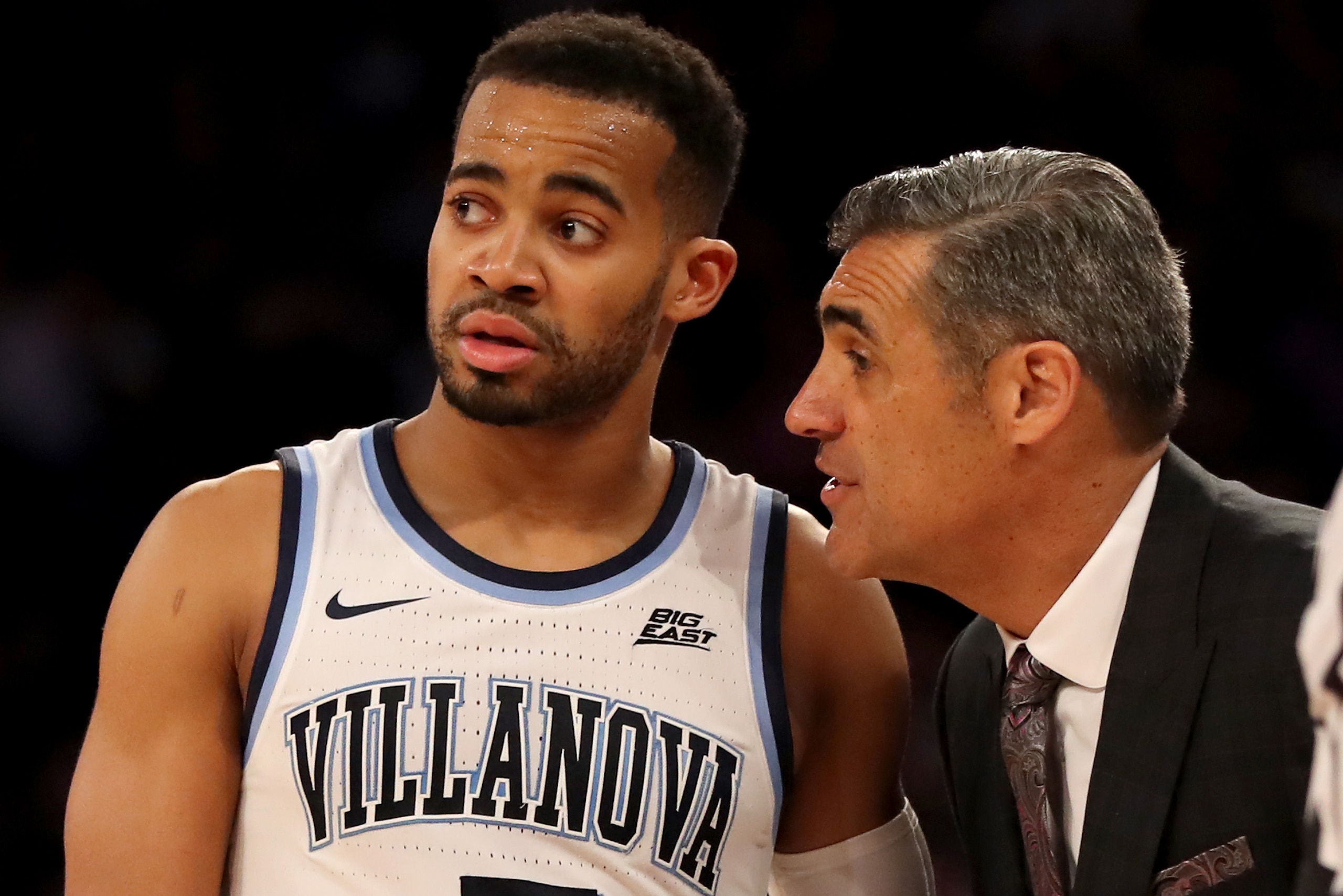 NEW YORK, NEW YORK - MARCH 16:  Phil Booth #5 of the Villanova Wildcats listens to head coach Jay Wright in the second half against the Seton Hall Pirates during the Big East Championship Game at Madison Square Garden on March 16, 2019 in New York City. (