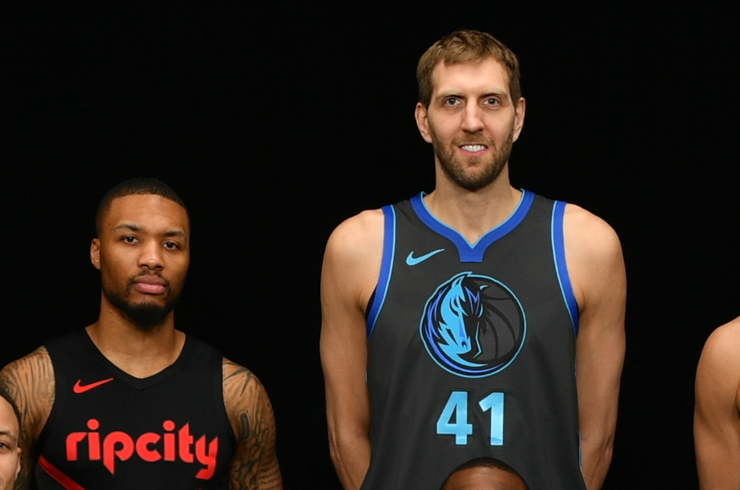 CHARLOTTE, NC - FEBRUARY 16: Joe Harris #12 of the Brooklyn Nets, Damian Lillard #0 of the Portland Trailblazers, Dirk Nowitzki #41 of the Dallas Mavericks, Devin Booker #1 of the Phoenix Suns, Khris Middleton #22 of the Milwaukee Bucks, Buddy Hield #24 o