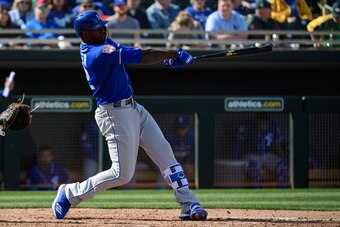 MESA, ARIZONA - FEBRUARY 24: Jorge Soler #12 of the Kansas City Royals swings at a pitch in the spring training game against the Oakland Athletics at HoHoKam Stadium on February 24, 2019 in Mesa, Arizona. (Photo by Jennifer Stewart/Getty Images)