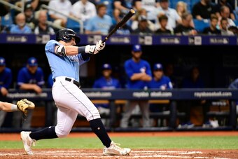 ST PETERSBURG, FL - SEPTEMBER 30: Jake Bauers #9 of the Tampa Bay Rays hits a single during the third inning against the Toronto Blue Jays on September 30, 2018 at Tropicana Field in St Petersburg, Florida. (Photo by Julio Aguilar/Getty Images)