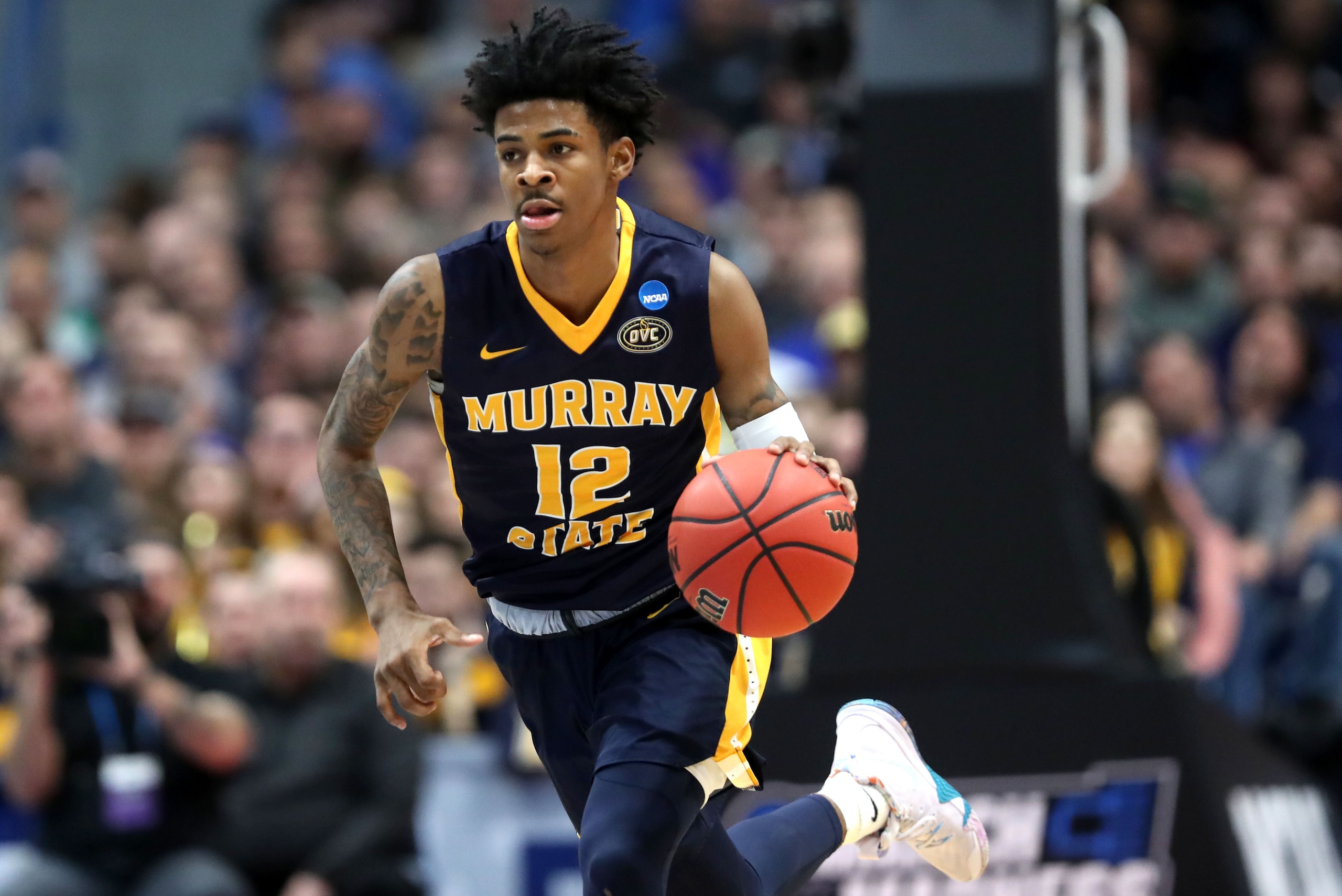 HARTFORD, CONNECTICUT - MARCH 21:  Ja Morant #12 of the Murray State Racers drives the ball down court during the first round game of the 2019 NCAA Men's Basketball Tournament against the Marquette Golden Eagles at XL Center on March 21, 2019 in Hartford,