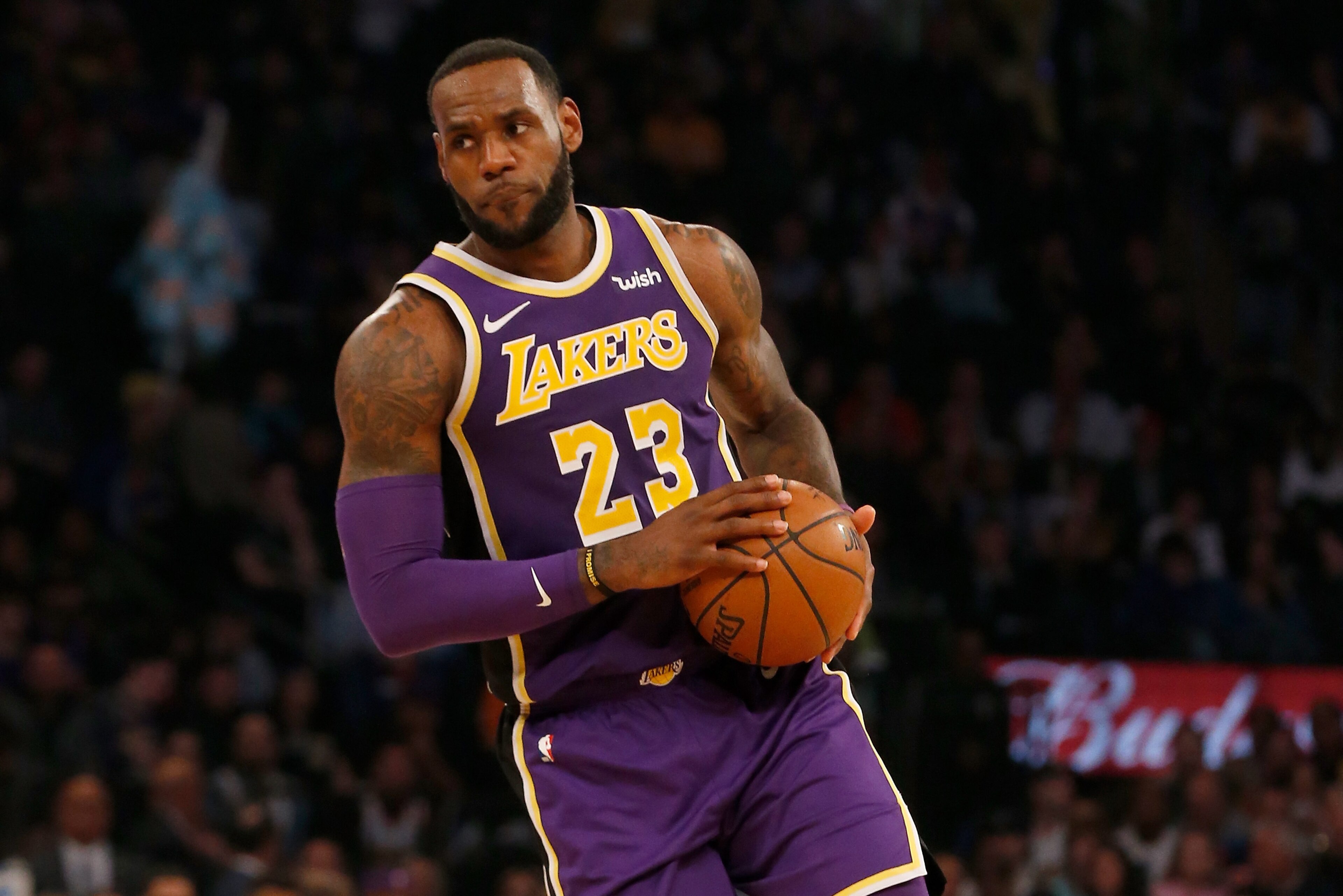NEW YORK, NY - MARCH 17:  (NEW YORK DAILIES OUT)    LeBron James #23 of the Los Angeles Lakers in action against the New York Knicks at Madison Square Garden on March 17, 2019 in New York City. The Knicks defeated the Lakers 124-123. NOTE TO USER: User ex