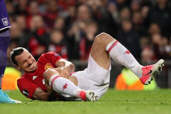 MANCHESTER, ENGLAND - APRIL 20:  Zlatan Ibrahimovic of Manchester United lies injured during the UEFA Europa League quarter final second leg match between Manchester United and RSC Anderlecht at Old Trafford on March 20, 2017 in Manchester, United Kingdom