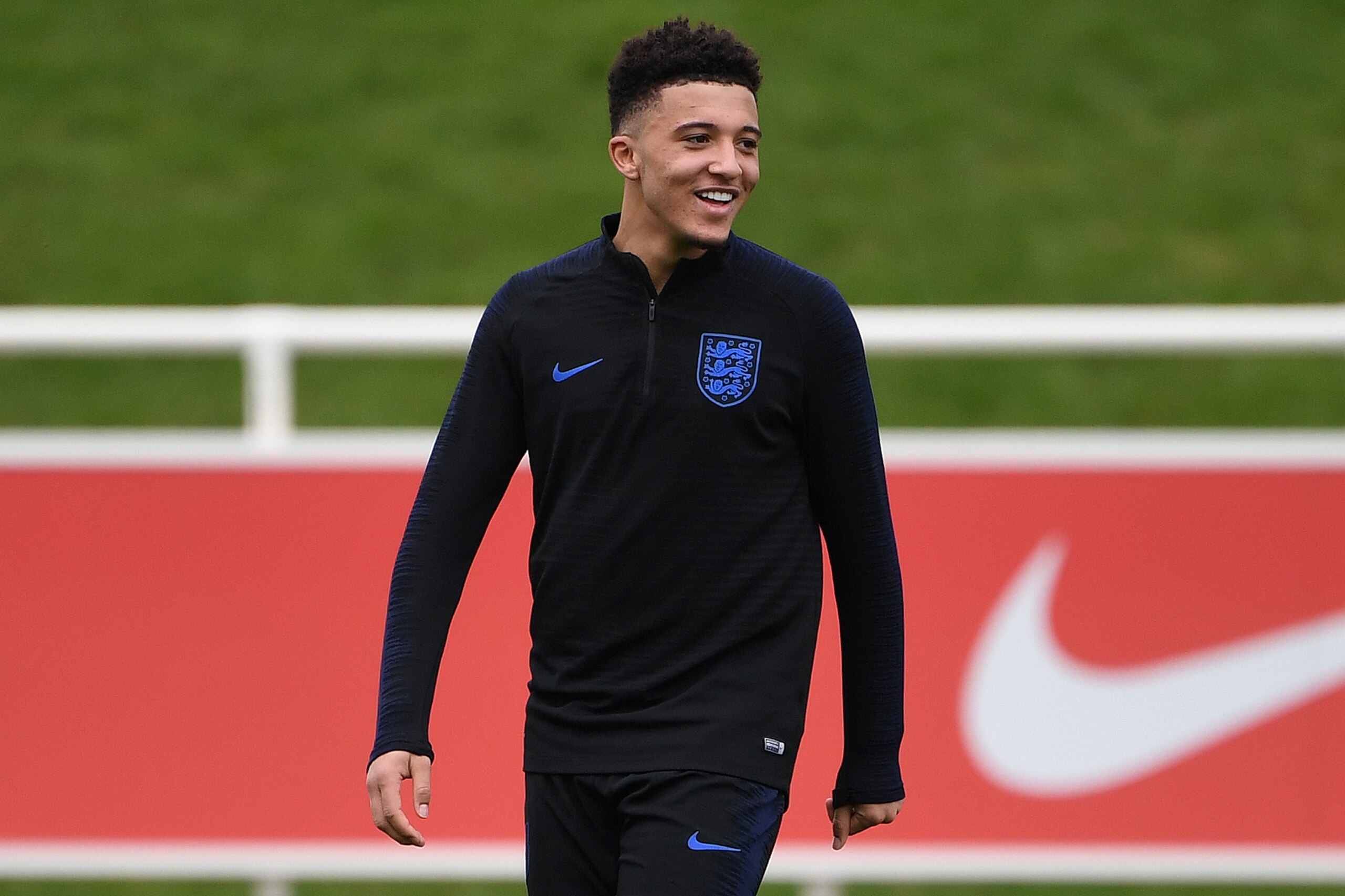 England's midfielder Jadon Sancho attends a England team training session at St George's Park in Burton-on-Trent, central England on March 19, 2019, ahead of their UEFA EURO 2020 qualifying football matches against the Czech Republic and Montenegro. (Phot