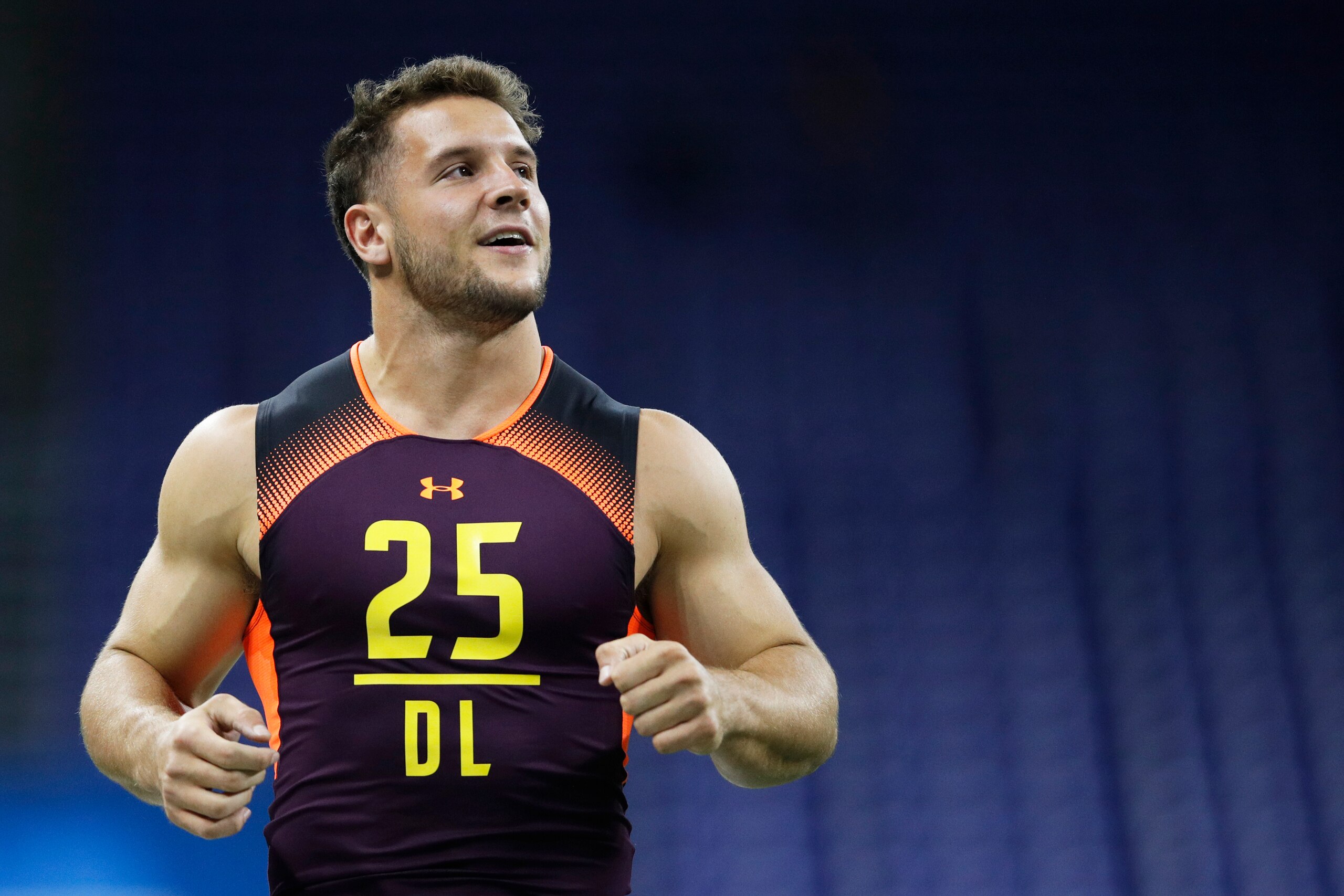 INDIANAPOLIS, IN - MARCH 03: Defensive lineman Nick Bosa of Ohio State looks on during day four of the NFL Combine at Lucas Oil Stadium on March 3, 2019 in Indianapolis, Indiana. (Photo by Joe Robbins/Getty Images)