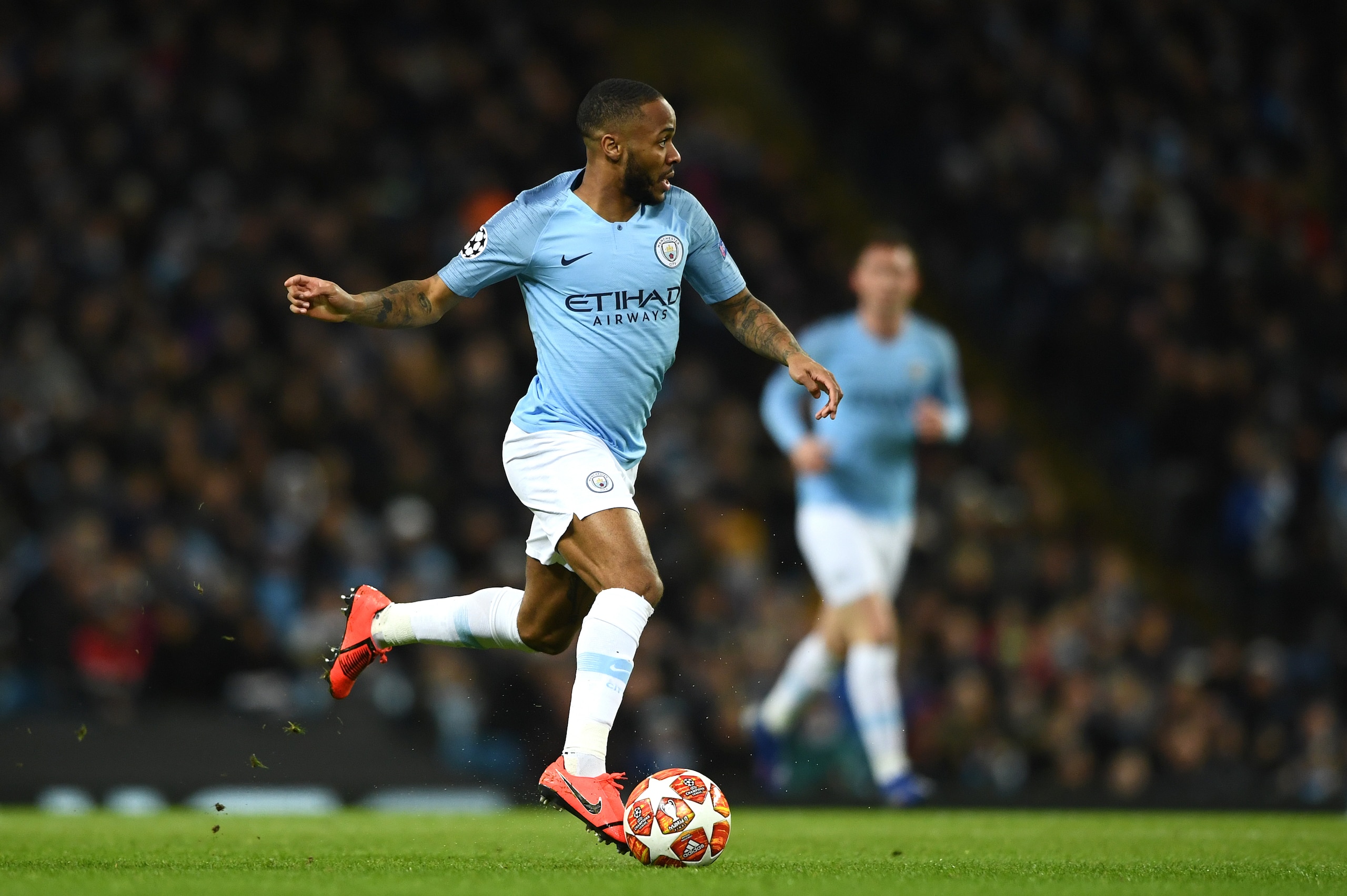 MANCHESTER, ENGLAND - MARCH 12: Manchester City player Raheem Sterling in action during the UEFA Champions League Round of 16 Second Leg match between Manchester City v FC Schalke 04 at Etihad Stadium on March 12, 2019 in Manchester, England. (Photo by St