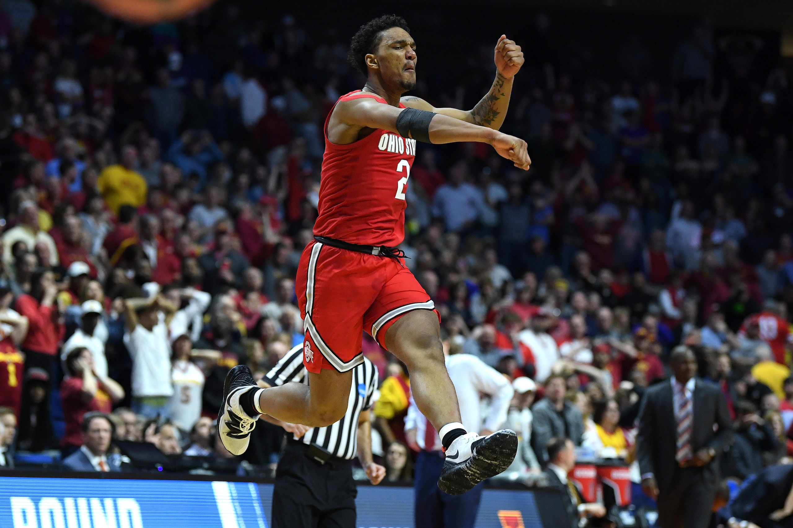 TULSA, OKLAHOMA - MARCH 22: Musa Jallow #2 of the Ohio State Buckeyes celebrates after defeating the Iowa State Cyclones in the first round game of the 2019 NCAA Men's Basketball Tournament at BOK Center on March 22, 2019 in Tulsa, Oklahoma. (Photo by Har