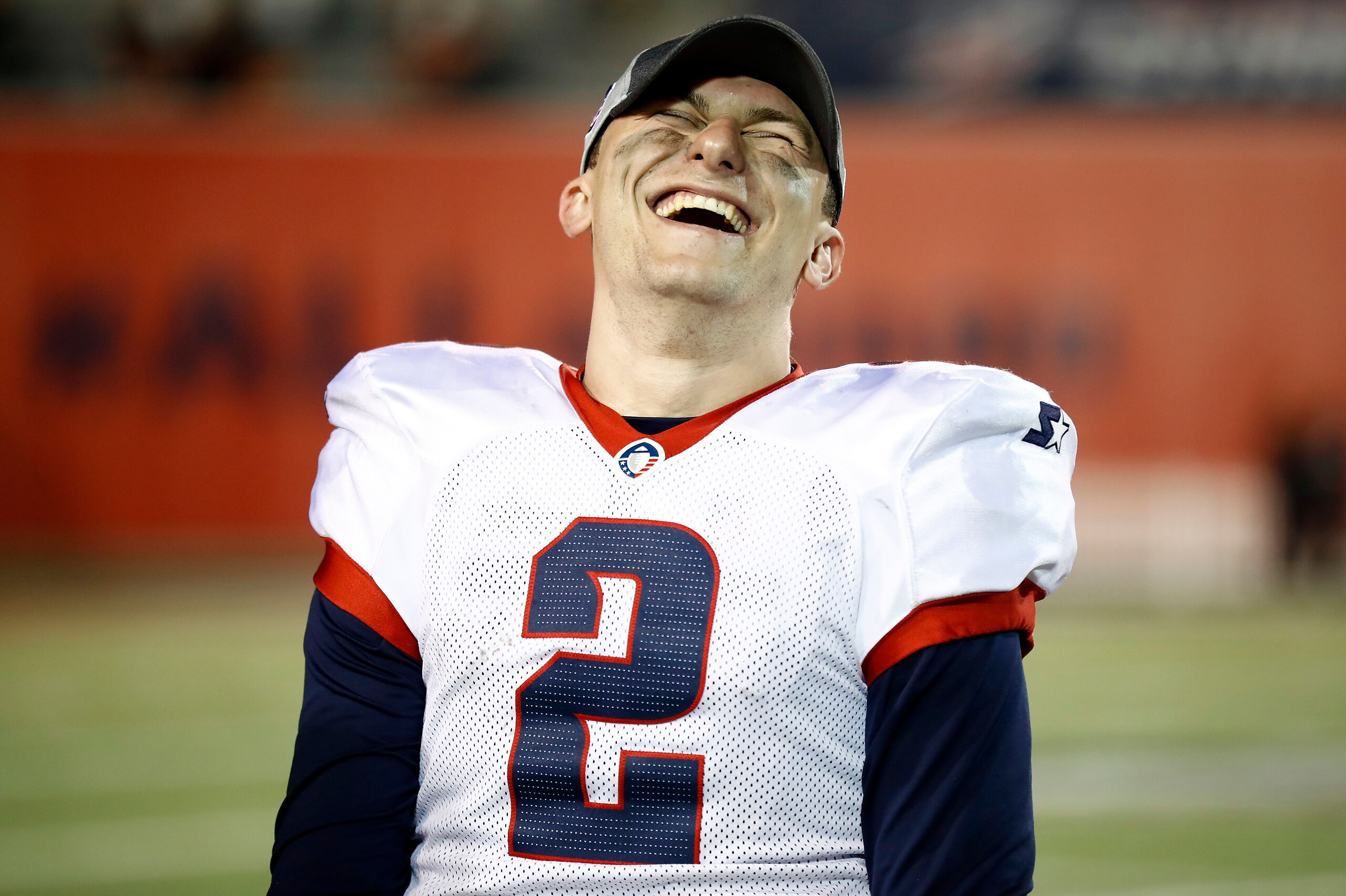 MEMPHIS, TENNESSEE - MARCH 24: Quarterback Johnny Manziel #2 of the Memphis Express laughs as they play the Birmingham Iron during the third quarter of their Alliance of American Football game at Liberty Bowl Memorial Stadium on March 24, 2019 in Memphis,
