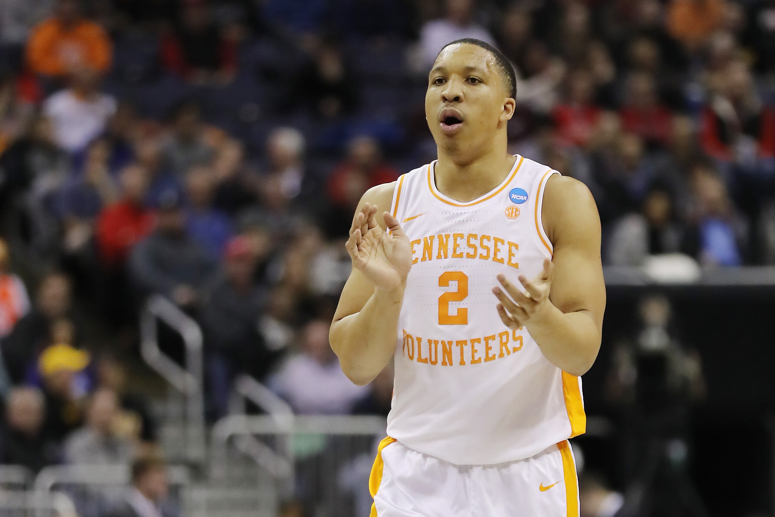 COLUMBUS, OHIO - MARCH 22: Grant Williams #2 of the Tennessee Volunteers reacts during the first half against the Colgate Raiders in the first round of the 2019 NCAA Men's Basketball Tournament at Nationwide Arena on March 22, 2019 in Columbus, Ohio. (Pho