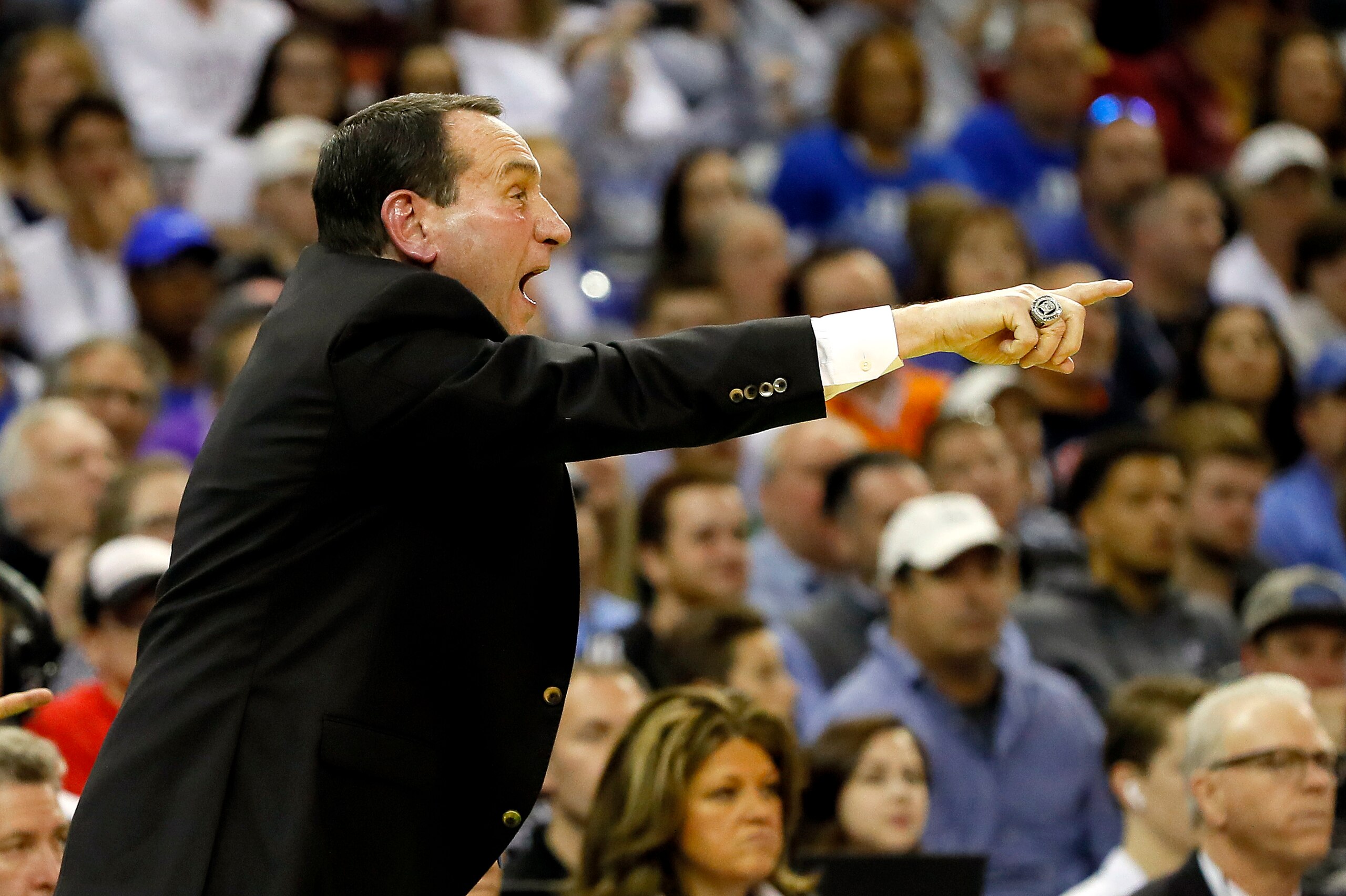 COLUMBIA, SOUTH CAROLINA - MARCH 22:  Head coach Mike Krzyzewski of the Duke Blue Devils reacts against the North Dakota State Bison in the second half during the first round of the 2019 NCAA Men's Basketball Tournament at Colonial Life Arena on March 22,