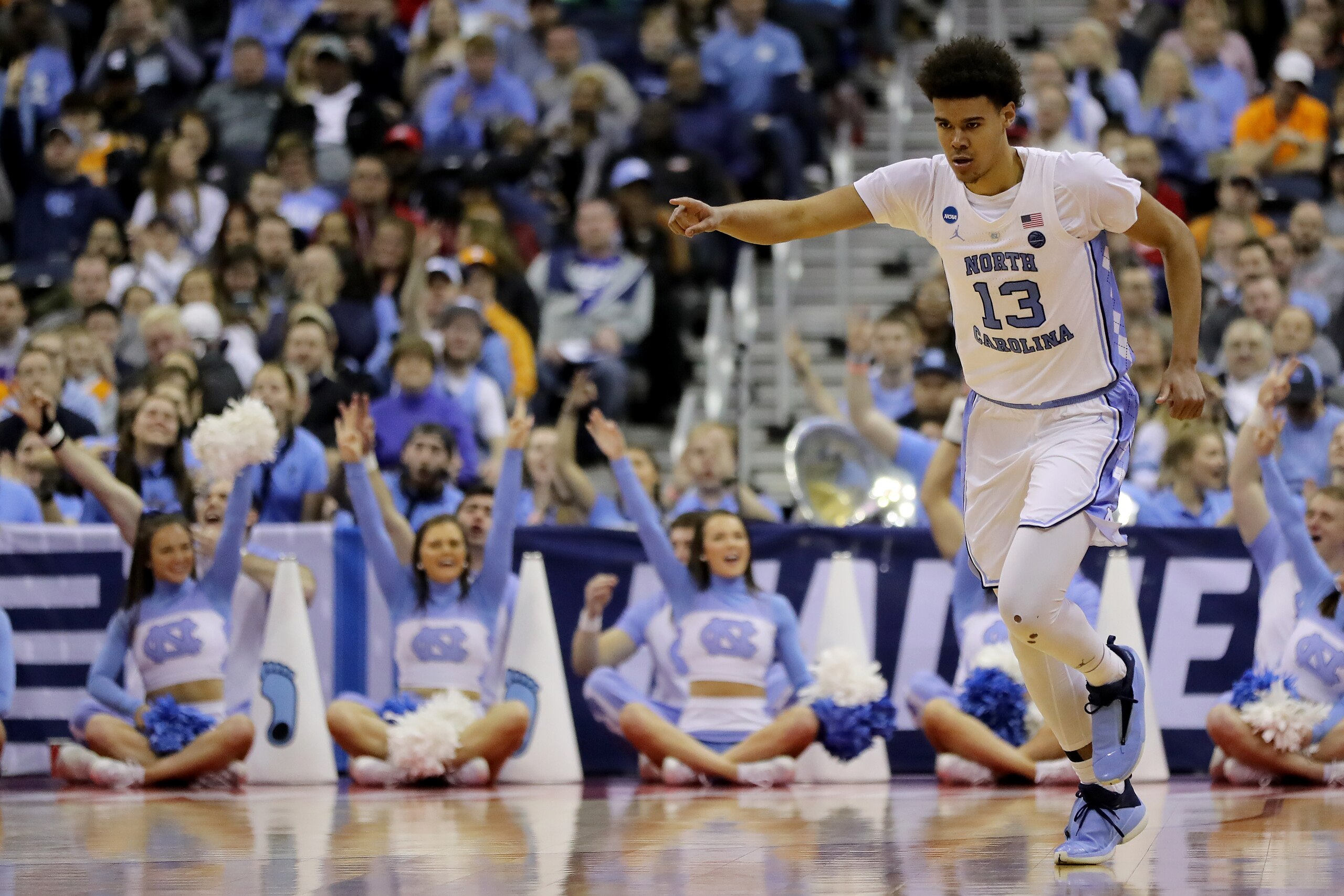 COLUMBUS, OHIO - MARCH 24:  Cameron Johnson #13 of the North Carolina Tar Heels reacts to a play against the Washington Huskies during their game in the Second Round of the NCAA Basketball Tournament at Nationwide Arena on March 24, 2019 in Columbus, Ohio