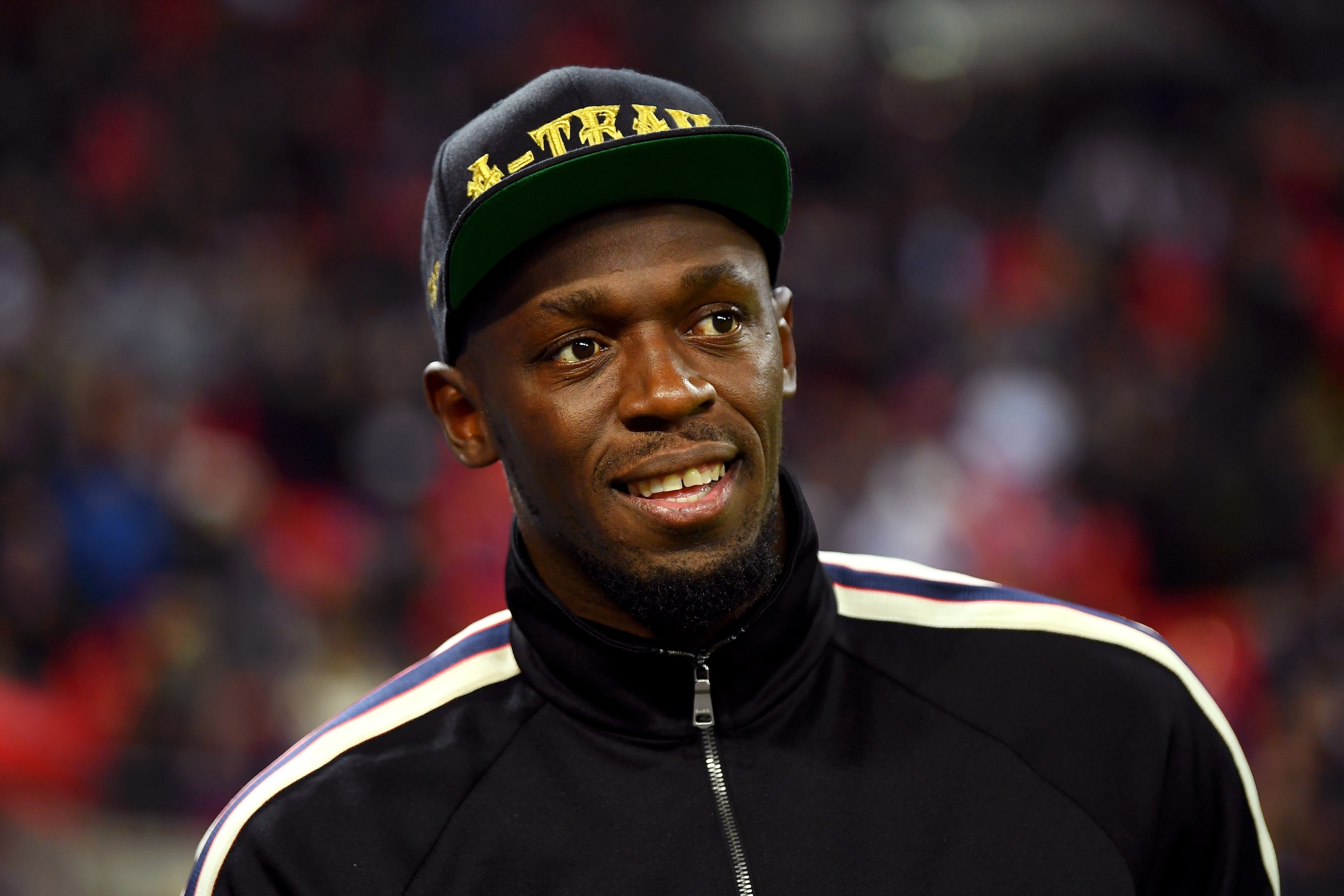 LONDON, ENGLAND - NOVEMBER 15:  Usain Bolt is seen pitchside at half time during the International Friendly match between England and United States at Wembley Stadium on November 15, 2018 in London, United Kingdom.  (Photo by Mike Hewitt/Getty Images)