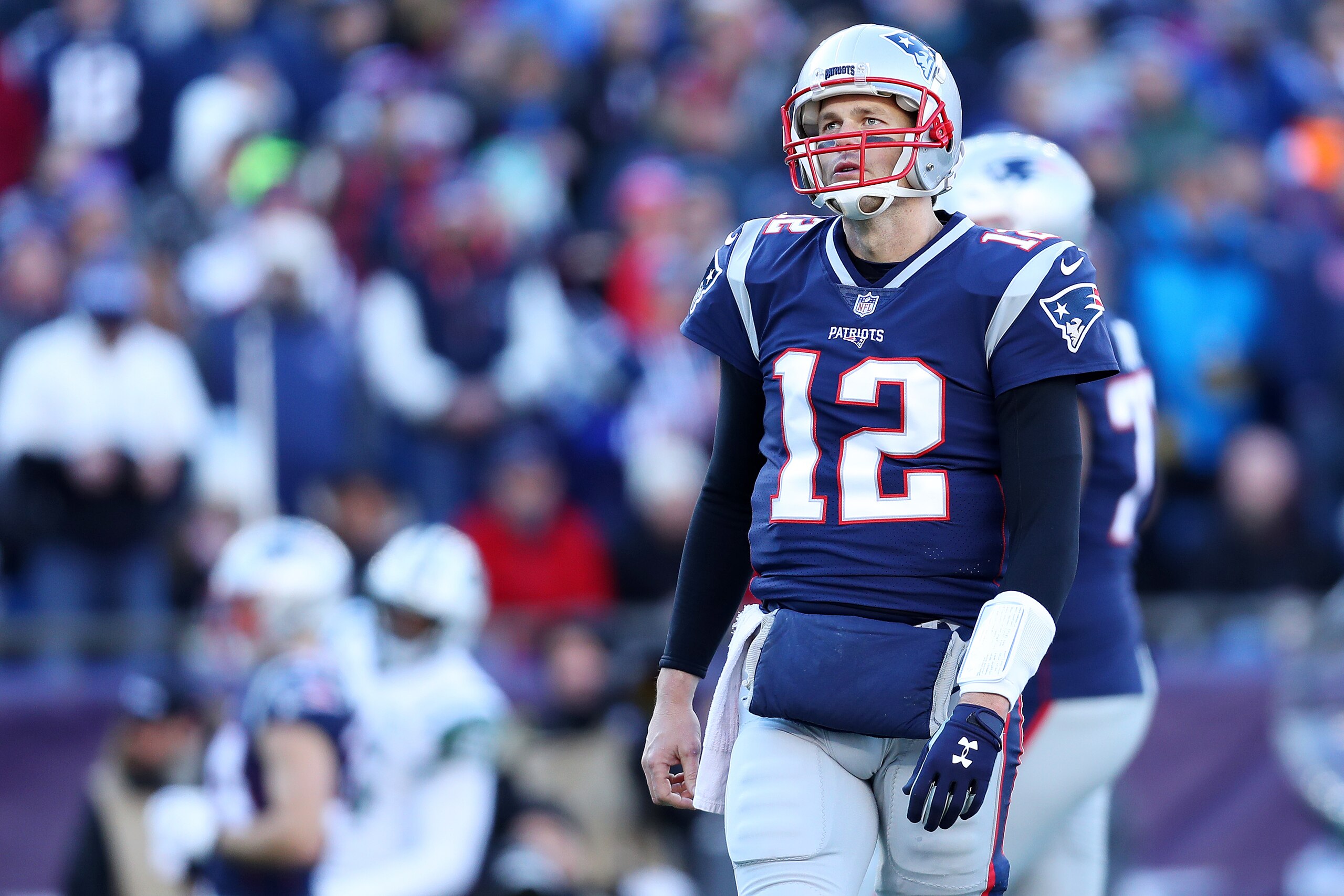 FOXBOROUGH, MASSACHUSETTS - DECEMBER 30: Tom Brady #12 of the New England Patriots looks on during the game against the New York Jets at Gillette Stadium on December 30, 2018 in Foxborough, Massachusetts. (Photo by Maddie Meyer/Getty Images)