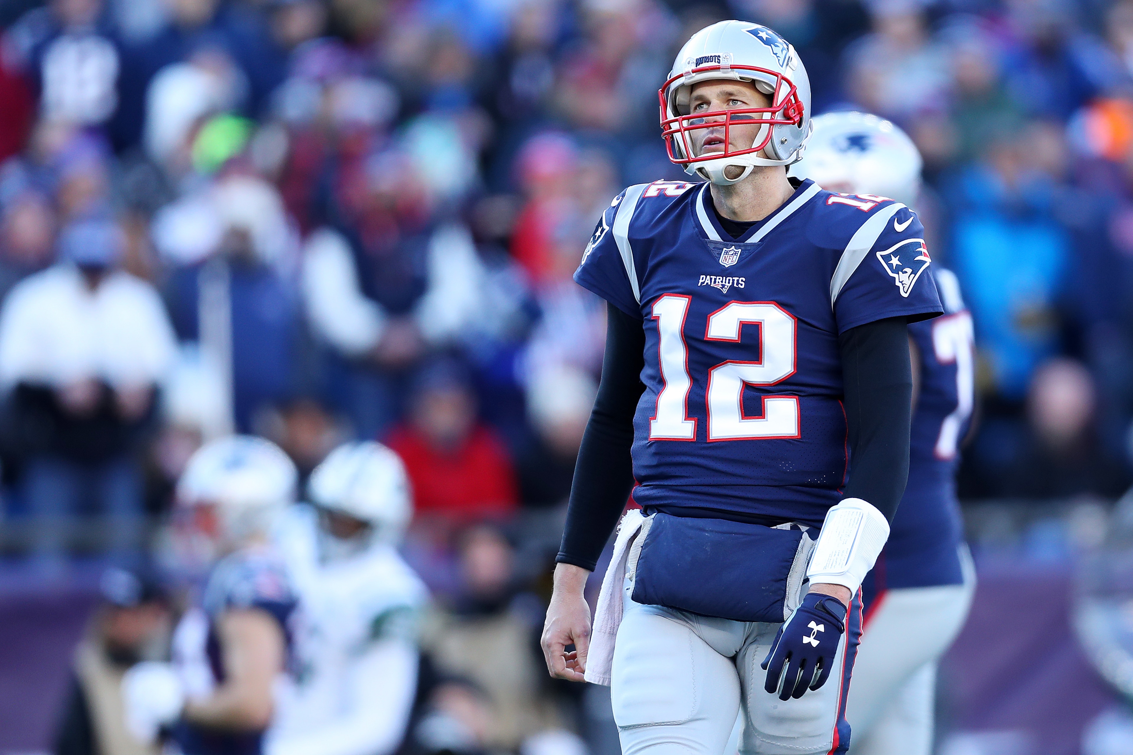 FOXBOROUGH, MASSACHUSETTS - DECEMBER 30: Tom Brady #12 of the New England Patriots looks on during the game against the New York Jets at Gillette Stadium on December 30, 2018 in Foxborough, Massachusetts. (Photo by Maddie Meyer/Getty Images)