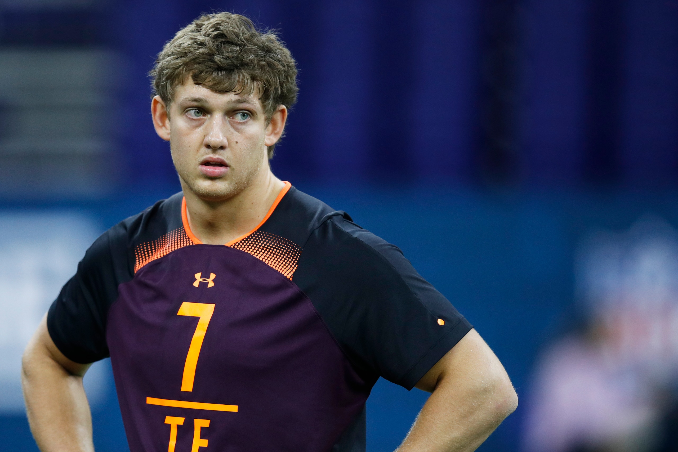 INDIANAPOLIS, IN - MARCH 02: Tight end T.J. Hockenson of Iowa looks on during day three of the NFL Combine at Lucas Oil Stadium on March 2, 2019 in Indianapolis, Indiana. (Photo by Joe Robbins/Getty Images) INDIANAPOLIS, IN - MARCH 02: Tight end T.J. Hockenson of Iowa looks on during day three of the NFL Combine at Lucas Oil Stadium on March 2, 2019 in Indianapolis, Indiana. (Photo by Joe Robbins/Getty Images)