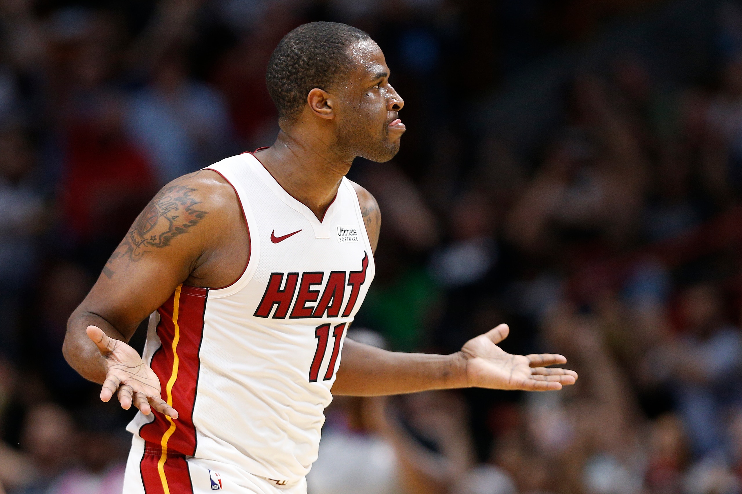 MIAMI, FLORIDA - MARCH 26:  Dion Waiters #11 of the Miami Heat reacts against the Orlando Magic during the first half at American Airlines Arena on March 26, 2019 in Miami, Florida. NOTE TO USER: User expressly acknowledges and agrees that, by downloading
