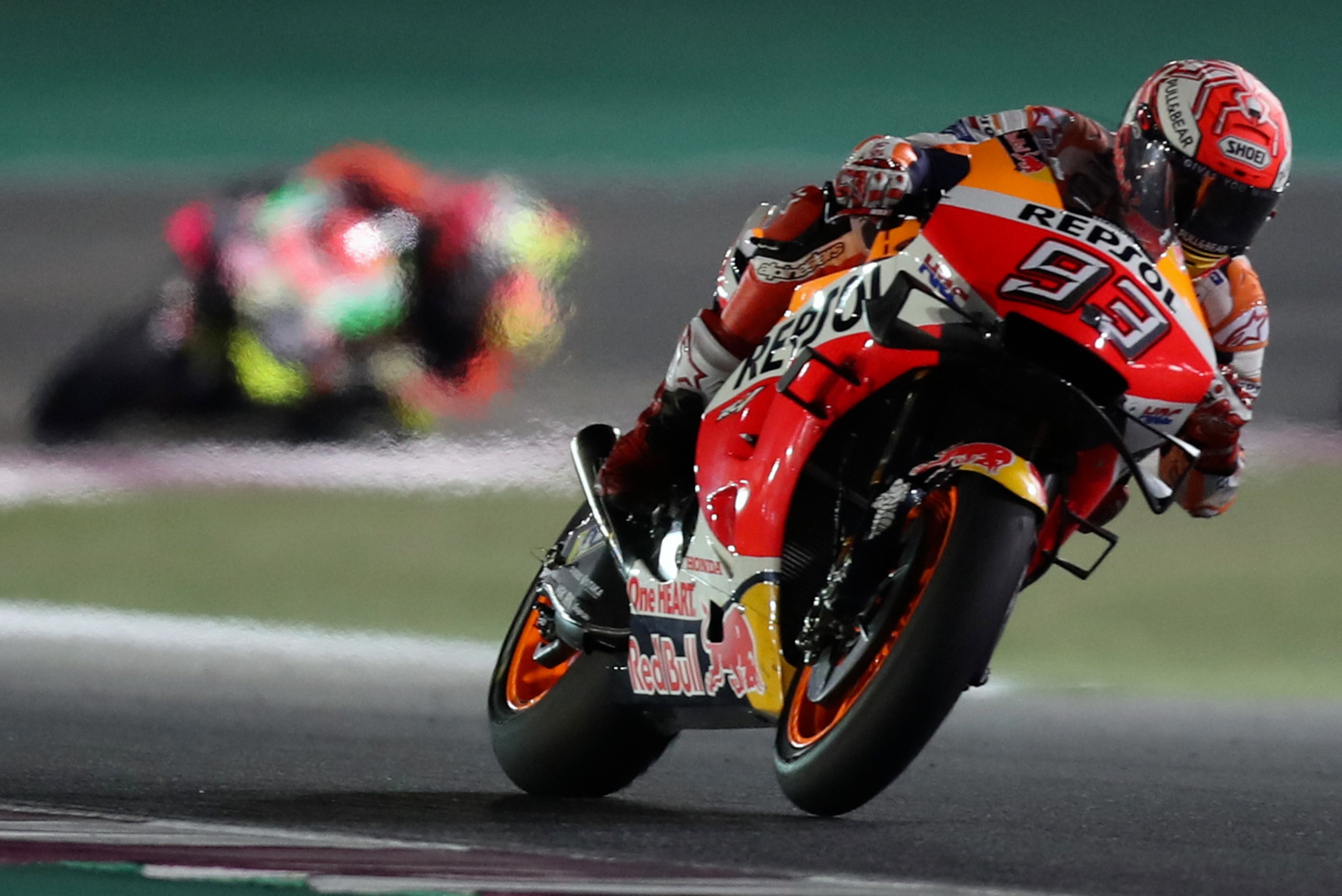 Repsol Honda's Spanish rider Marc Marquez rides during the Qatar MotoGP grand prix at the Losail track in Qatar's capital Doha on March 10, 2019. (Photo by KARIM JAAFAR / AFP)        (Photo credit should read KARIM JAAFAR/AFP/Getty Images)