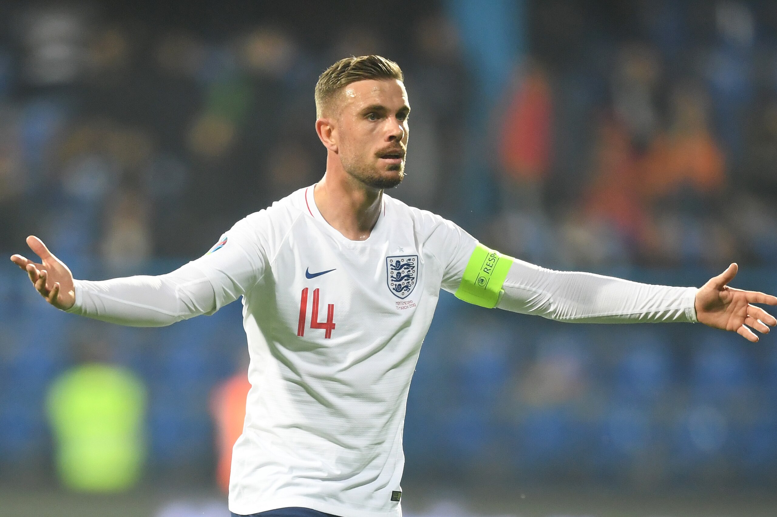 PODGORICA, MONTENEGRO - MARCH 25:  Jordan Henderson of England reacts during the 2020 UEFA European Championships Group A qualifying match between Montenegro and England at Podgorica City Stadium on March 25, 2019 in Podgorica, Montenegro. (Photo by Micha